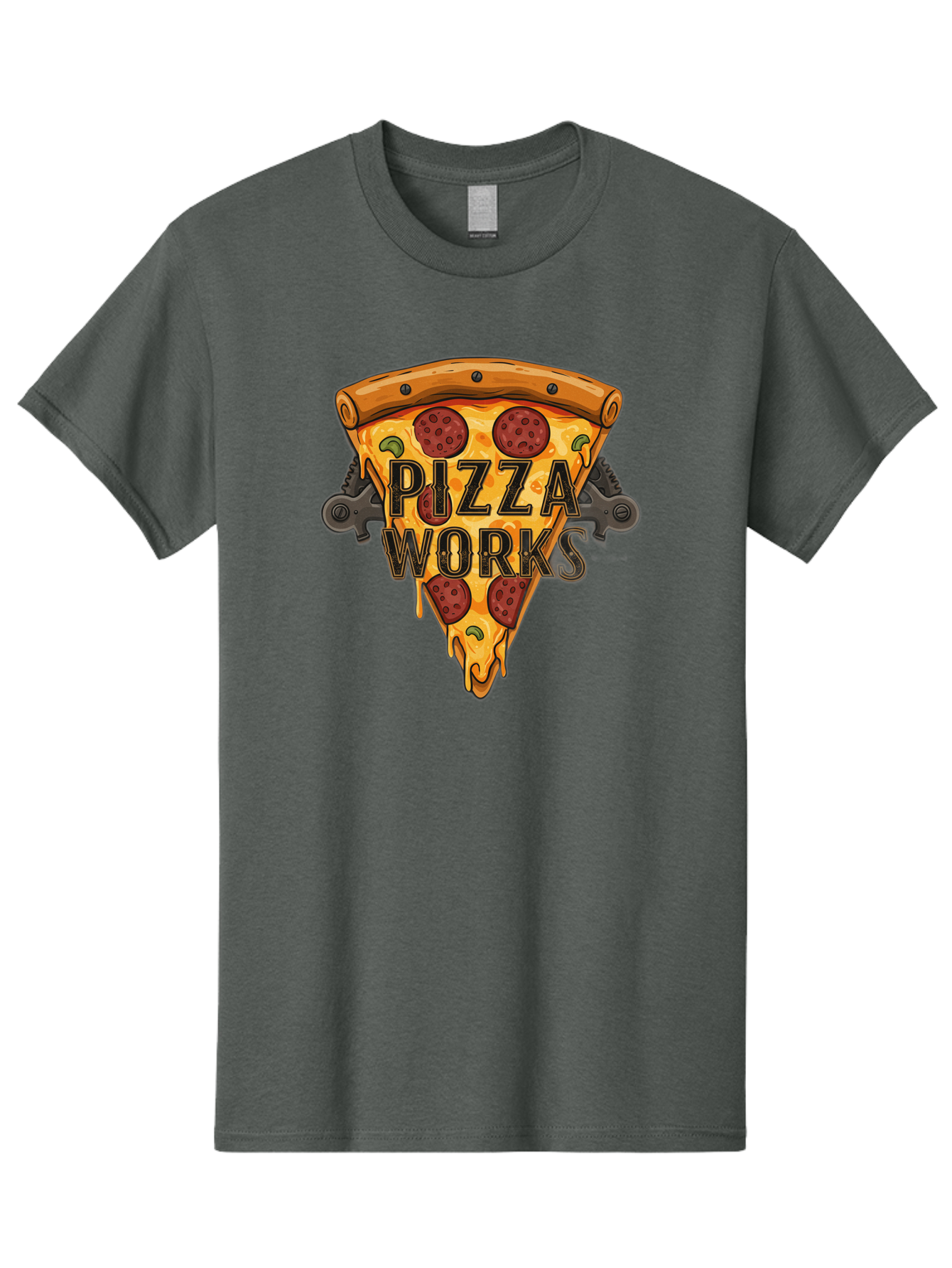 Pizza-Works Men'S Graphic Tee, 100% Cotton, Comfortable Casual Summer Wear, Machine Washable, Steaming Hot Pizza, Melted Cheese, Savory Pepperoni, Green Olives, Industrial Gears, Food Branding, Restaurant Logo, Cartoon Illustration, Bac319