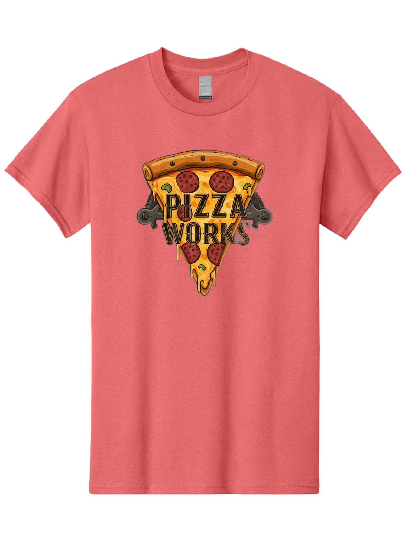 Pizza-Works Men'S Graphic Tee, 100% Cotton, Comfortable Casual Summer Wear, Machine Washable, Steaming Hot Pizza, Melted Cheese, Savory Pepperoni, Green Olives, Industrial Gears, Food Branding, Restaurant Logo, Cartoon Illustration, Bac319