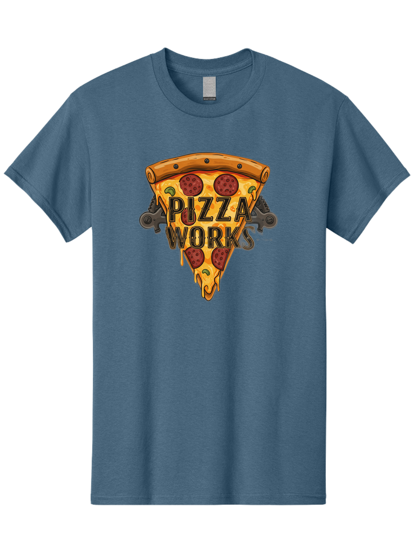 Pizza-Works Men'S Graphic Tee, 100% Cotton, Comfortable Casual Summer Wear, Machine Washable, Steaming Hot Pizza, Melted Cheese, Savory Pepperoni, Green Olives, Industrial Gears, Food Branding, Restaurant Logo, Cartoon Illustration, Bac319