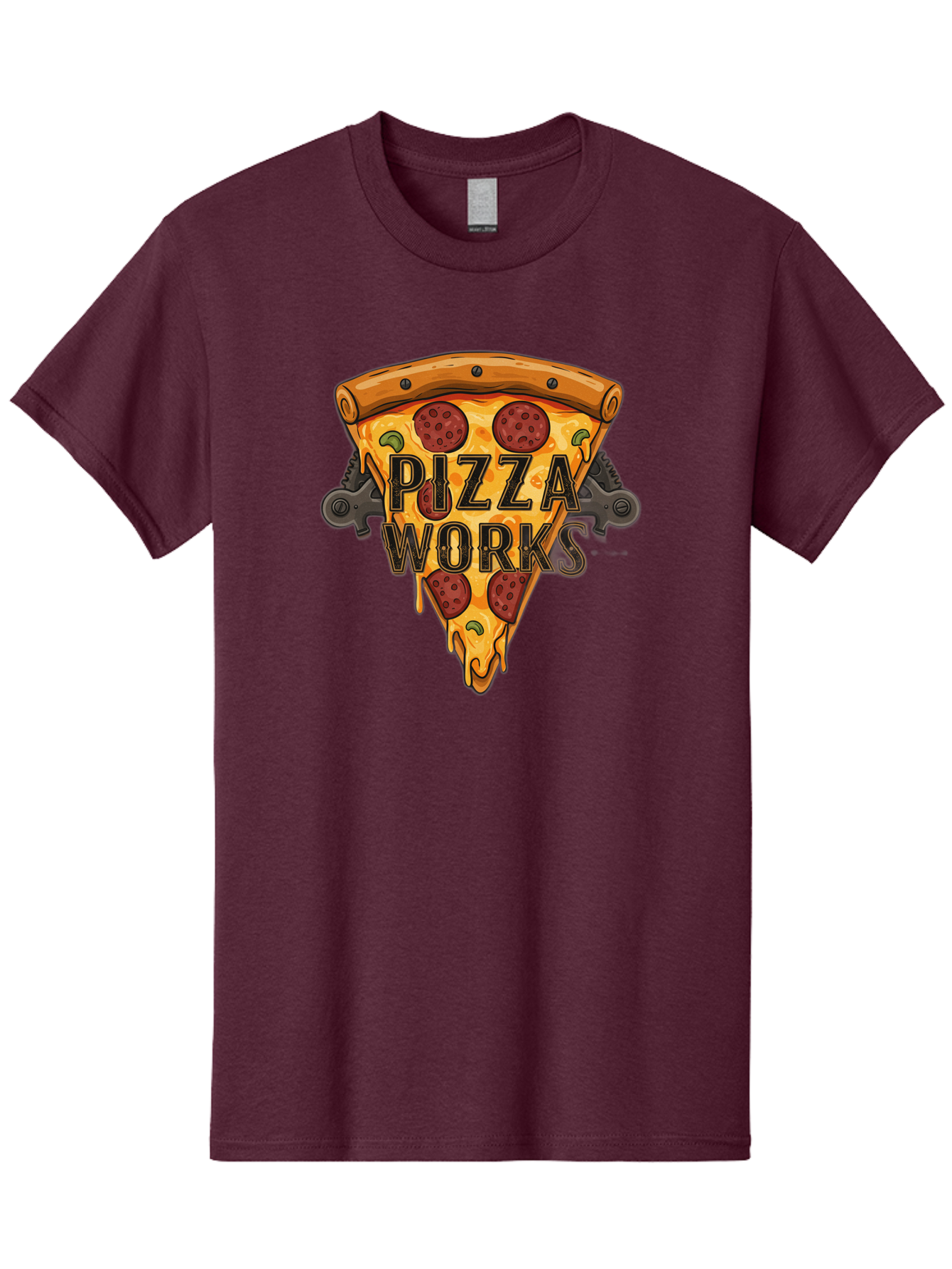 Pizza-Works Men'S Graphic Tee, 100% Cotton, Comfortable Casual Summer Wear, Machine Washable, Steaming Hot Pizza, Melted Cheese, Savory Pepperoni, Green Olives, Industrial Gears, Food Branding, Restaurant Logo, Cartoon Illustration, Bac319