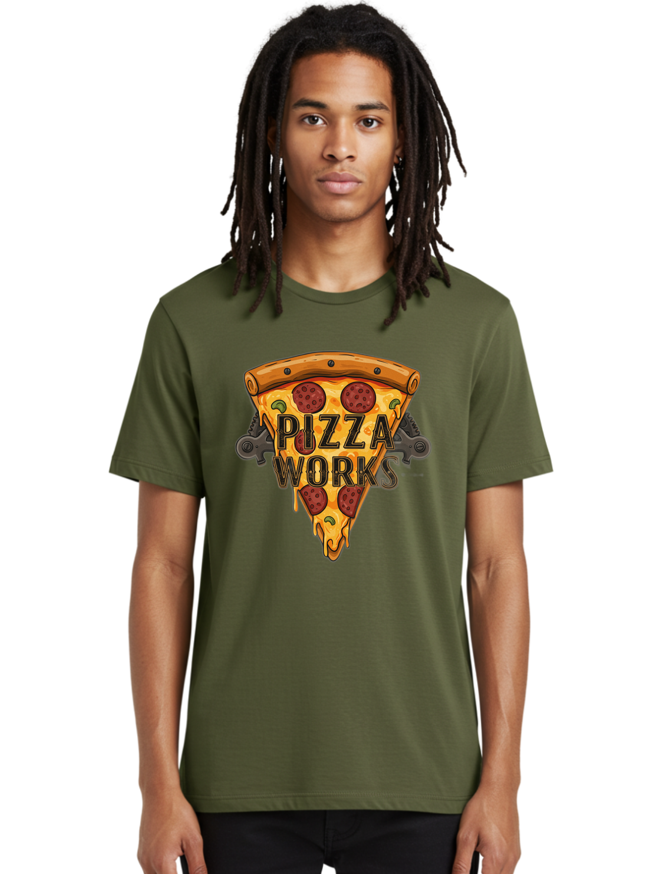 Pizza-Works Men'S Graphic Tee, 100% Cotton, Comfortable Casual Summer Wear, Machine Washable, Steaming Hot Pizza, Melted Cheese, Savory Pepperoni, Green Olives, Industrial Gears, Food Branding, Restaurant Logo, Cartoon Illustration, Bac319