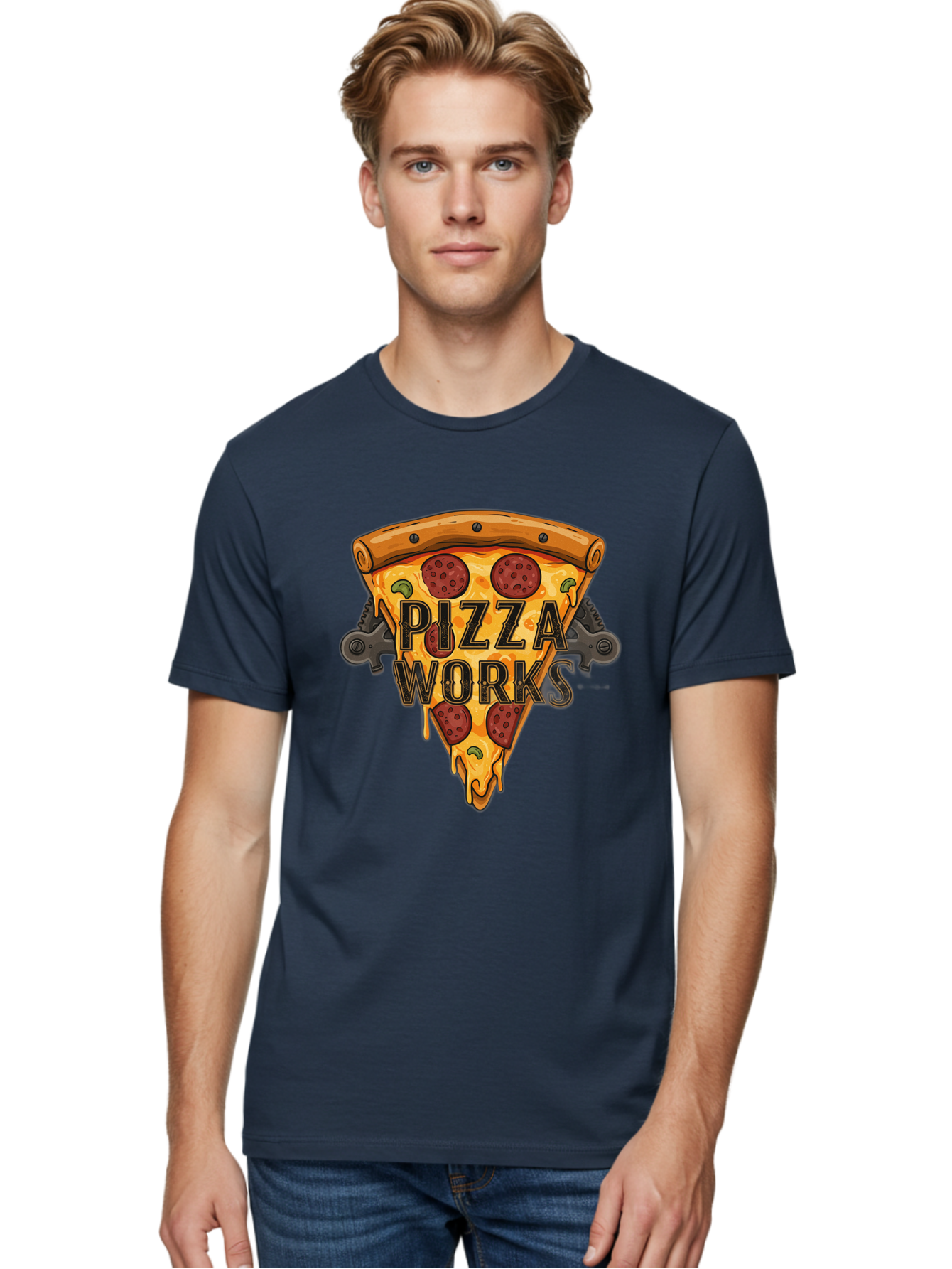 Pizza-Works Men'S Graphic Tee, 100% Cotton, Comfortable Casual Summer Wear, Machine Washable, Steaming Hot Pizza, Melted Cheese, Savory Pepperoni, Green Olives, Industrial Gears, Food Branding, Restaurant Logo, Cartoon Illustration, Bac319
