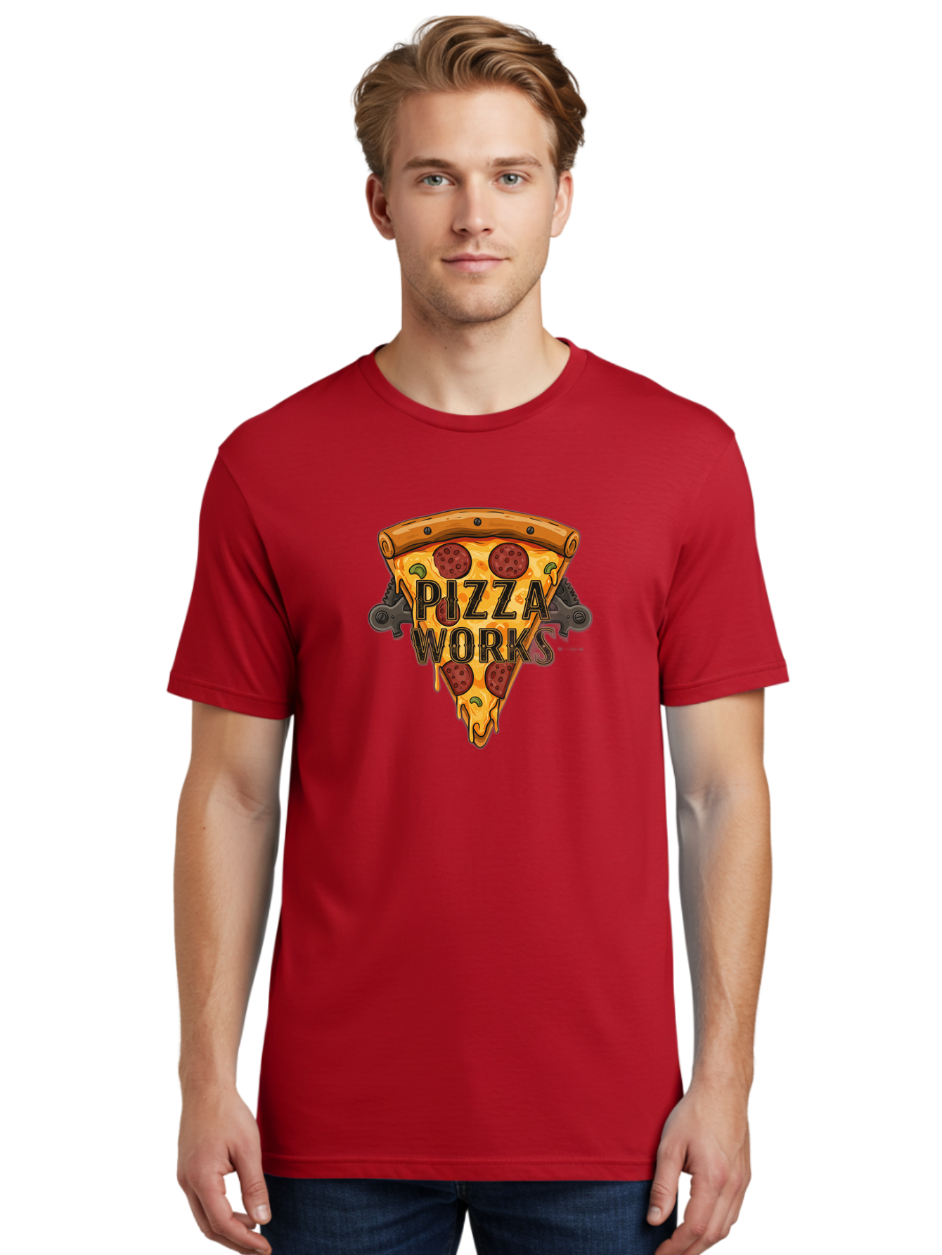 Pizza-Works Men'S Graphic Tee, 100% Cotton, Comfortable Casual Summer Wear, Machine Washable, Steaming Hot Pizza, Melted Cheese, Savory Pepperoni, Green Olives, Industrial Gears, Food Branding, Restaurant Logo, Cartoon Illustration, Bac319