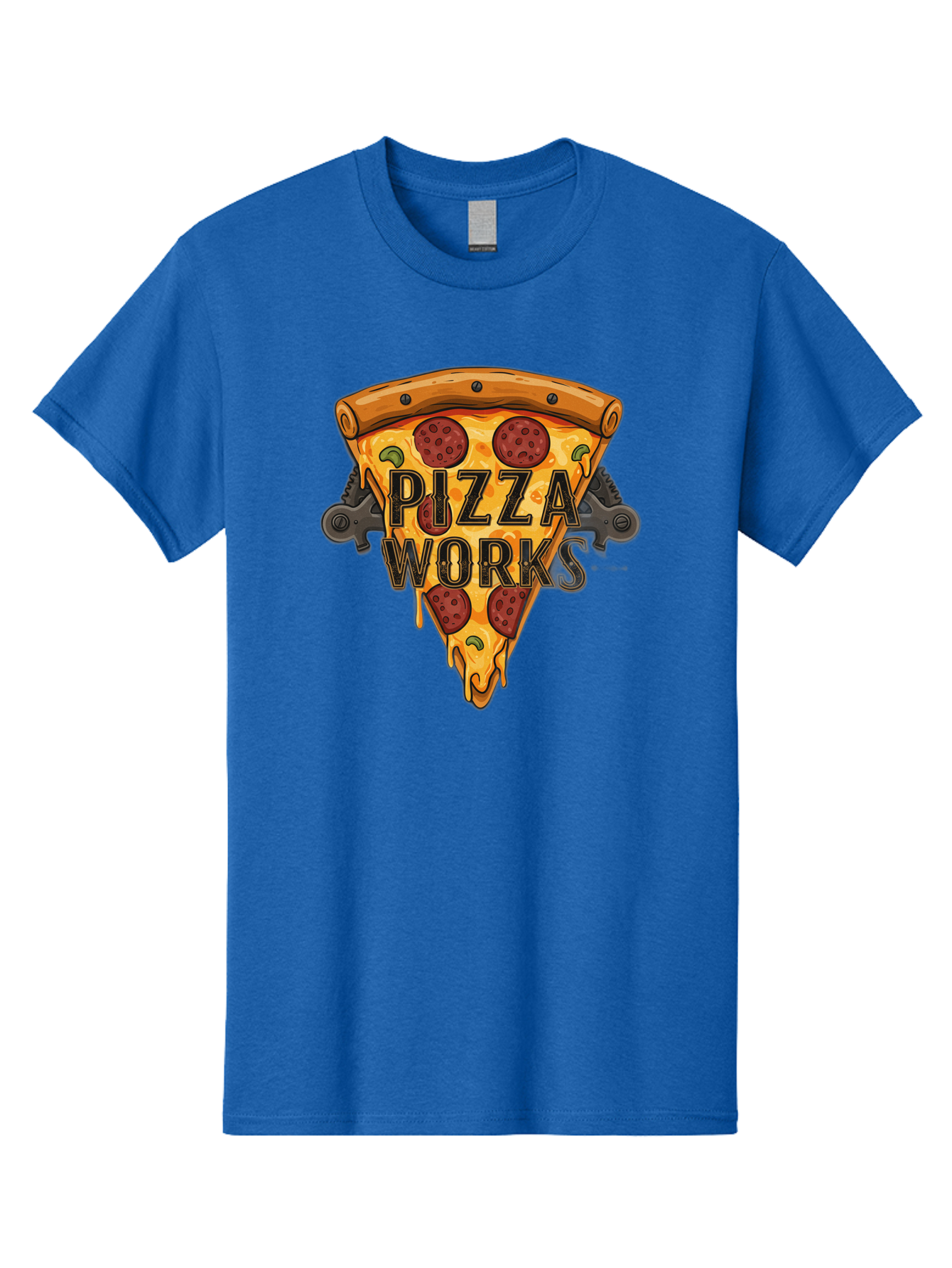 Pizza-Works Men'S Graphic Tee, 100% Cotton, Comfortable Casual Summer Wear, Machine Washable, Steaming Hot Pizza, Melted Cheese, Savory Pepperoni, Green Olives, Industrial Gears, Food Branding, Restaurant Logo, Cartoon Illustration, Bac319