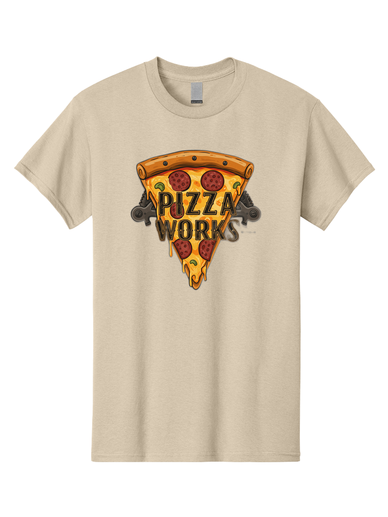Pizza-Works Men'S Graphic Tee, 100% Cotton, Comfortable Casual Summer Wear, Machine Washable, Steaming Hot Pizza, Melted Cheese, Savory Pepperoni, Green Olives, Industrial Gears, Food Branding, Restaurant Logo, Cartoon Illustration, Bac319