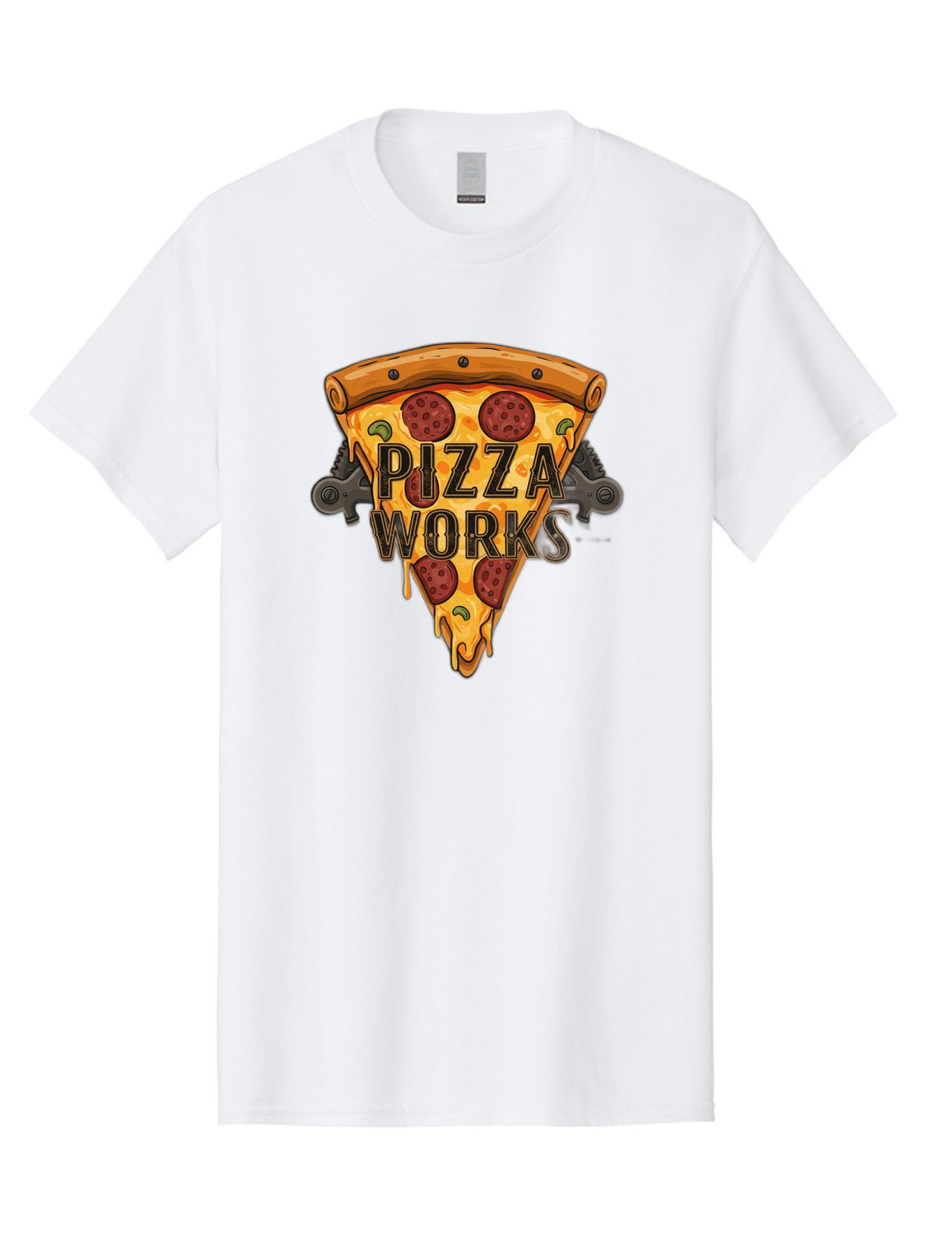 Pizza-Works Men'S Graphic Tee, 100% Cotton, Comfortable Casual Summer Wear, Machine Washable, Steaming Hot Pizza, Melted Cheese, Savory Pepperoni, Green Olives, Industrial Gears, Food Branding, Restaurant Logo, Cartoon Illustration, Bac319