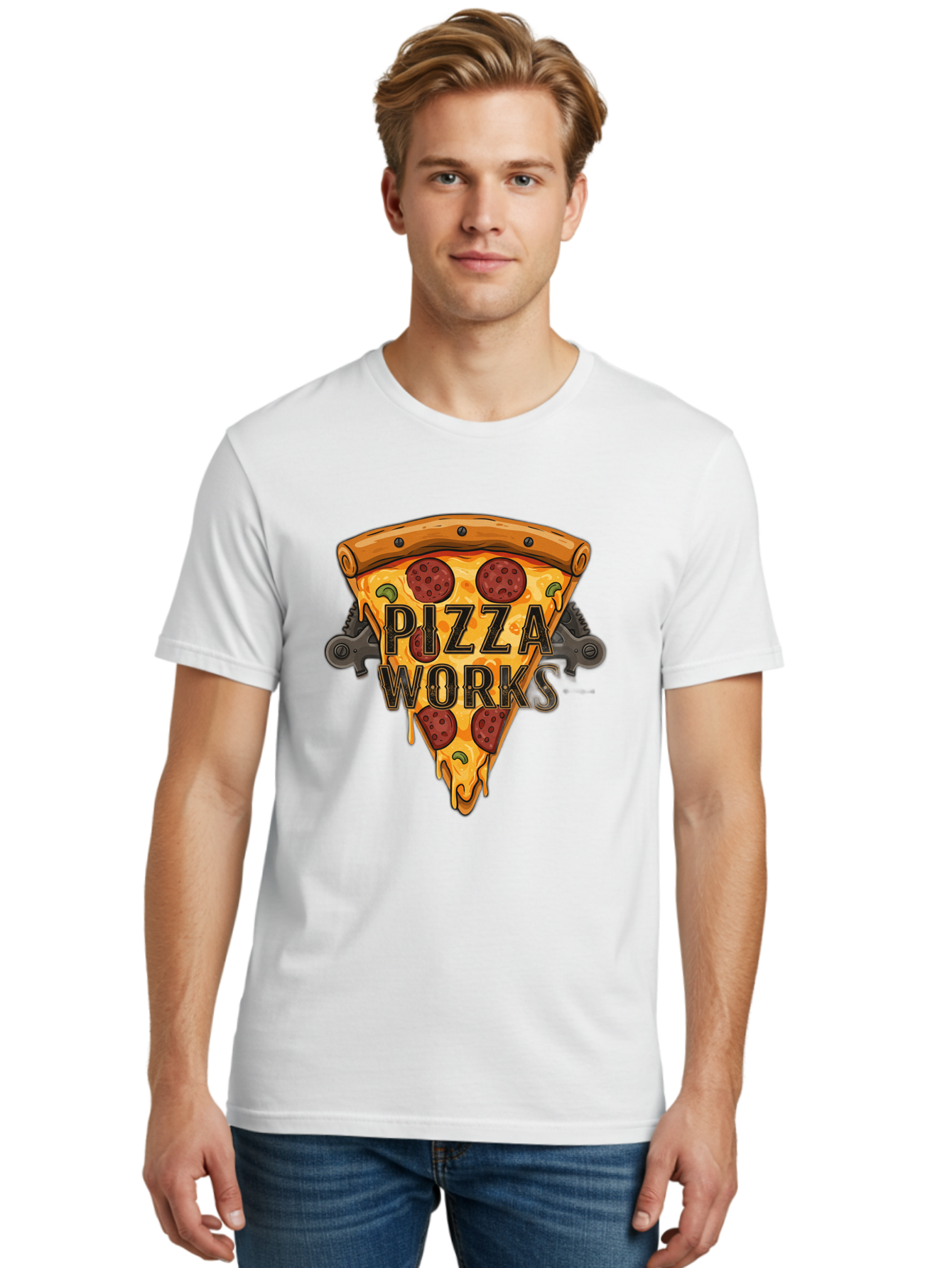 Pizza-Works Men'S Graphic Tee, 100% Cotton, Comfortable Casual Summer Wear, Machine Washable, Steaming Hot Pizza, Melted Cheese, Savory Pepperoni, Green Olives, Industrial Gears, Food Branding, Restaurant Logo, Cartoon Illustration, Bac319