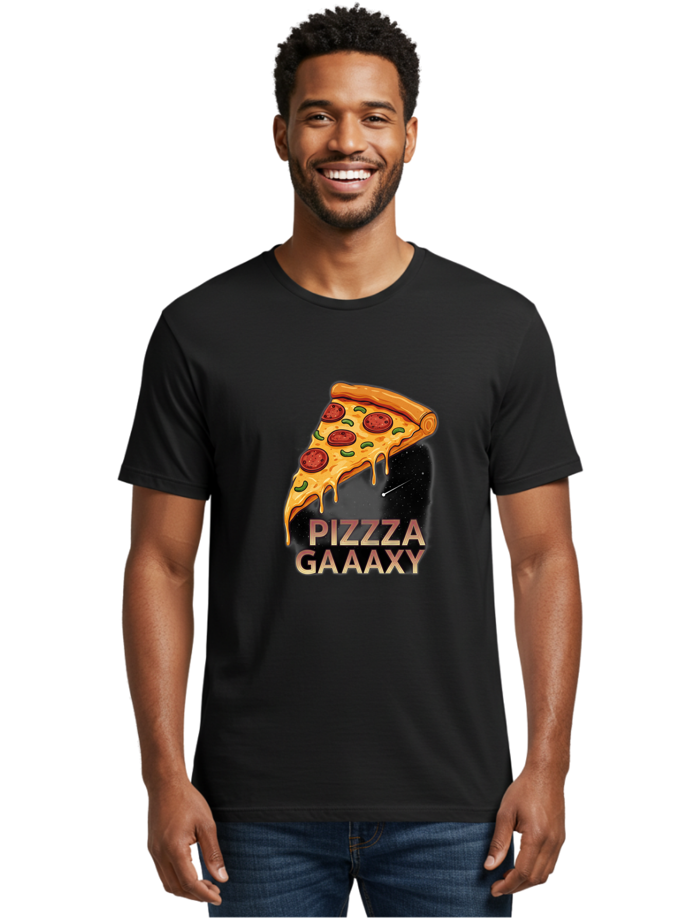 Pizzza-Gaaaxy Men'S Graphic Tee, 100% Cotton, Comfortable Casual Summer Wear, Machine Washable, Pizza Slice In Space, Melted Cheese, Pepperoni Toppings, Green Olives, Outer Space, Galaxy Theme, Cartoon Illustration, Cheese Dripping, Food Art, Bac321