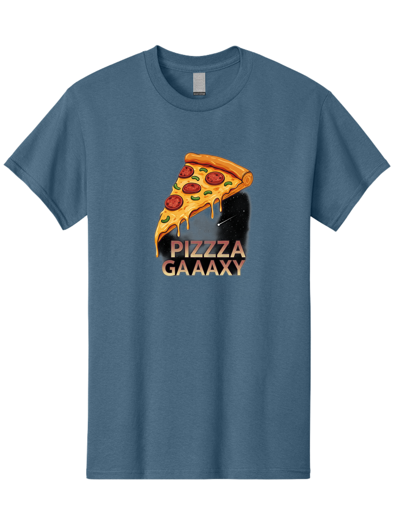 Pizzza-Gaaaxy Men'S Graphic Tee, 100% Cotton, Comfortable Casual Summer Wear, Machine Washable, Pizza Slice In Space, Melted Cheese, Pepperoni Toppings, Green Olives, Outer Space, Galaxy Theme, Cartoon Illustration, Cheese Dripping, Food Art, Bac321