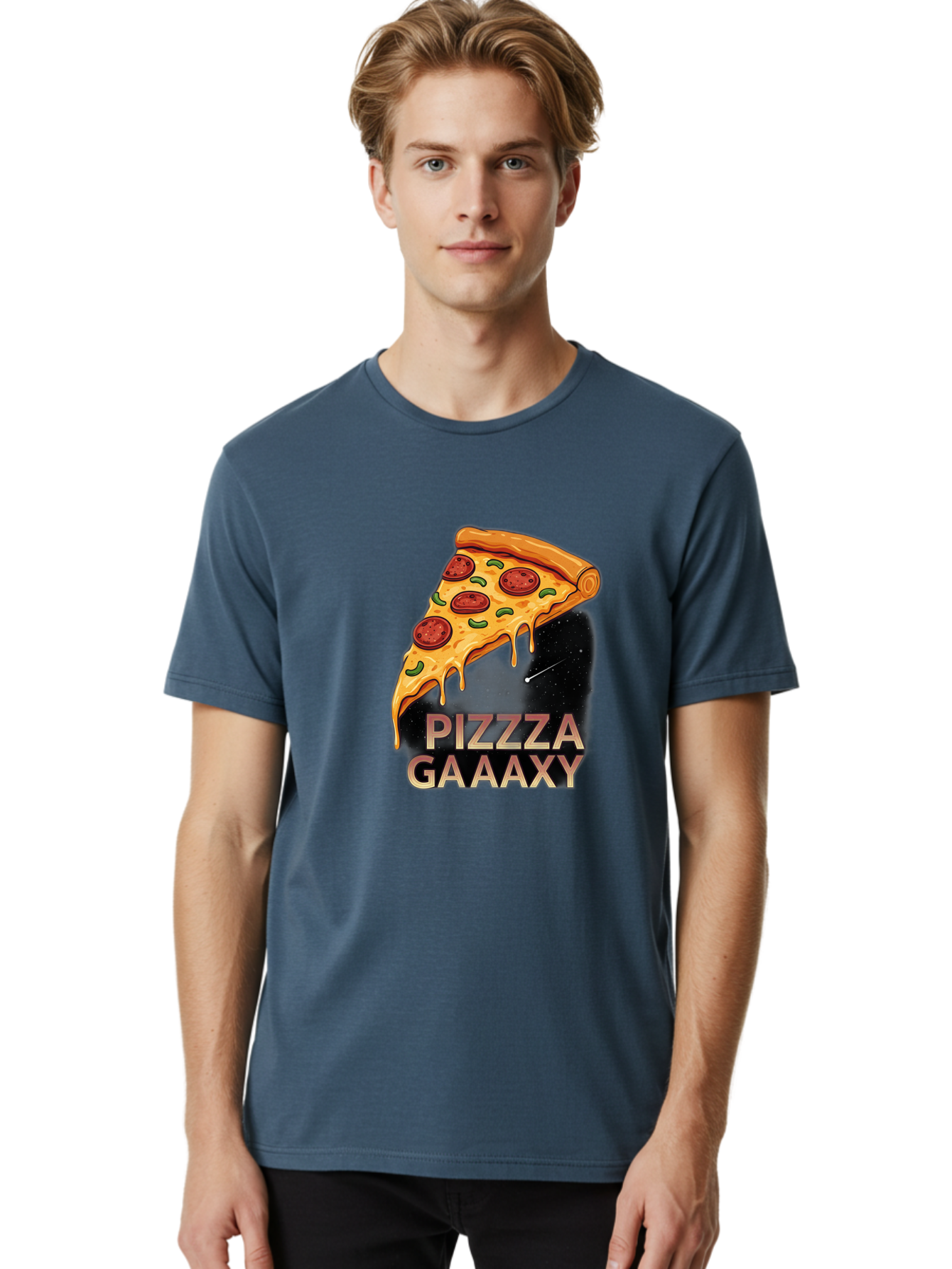 Pizzza-Gaaaxy Men'S Graphic Tee, 100% Cotton, Comfortable Casual Summer Wear, Machine Washable, Pizza Slice In Space, Melted Cheese, Pepperoni Toppings, Green Olives, Outer Space, Galaxy Theme, Cartoon Illustration, Cheese Dripping, Food Art, Bac321
