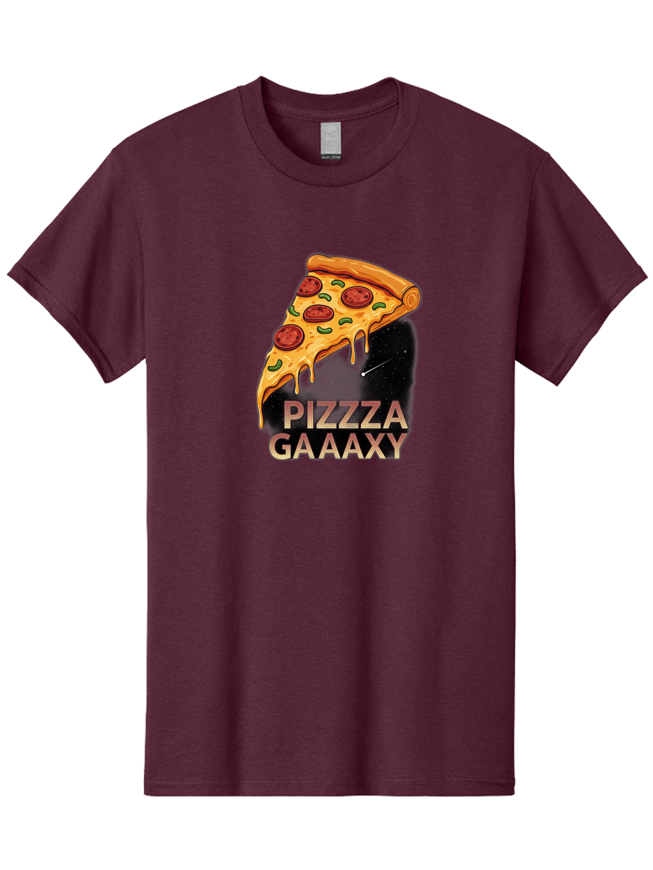 Pizzza-Gaaaxy Men'S Graphic Tee, 100% Cotton, Comfortable Casual Summer Wear, Machine Washable, Pizza Slice In Space, Melted Cheese, Pepperoni Toppings, Green Olives, Outer Space, Galaxy Theme, Cartoon Illustration, Cheese Dripping, Food Art, Bac321