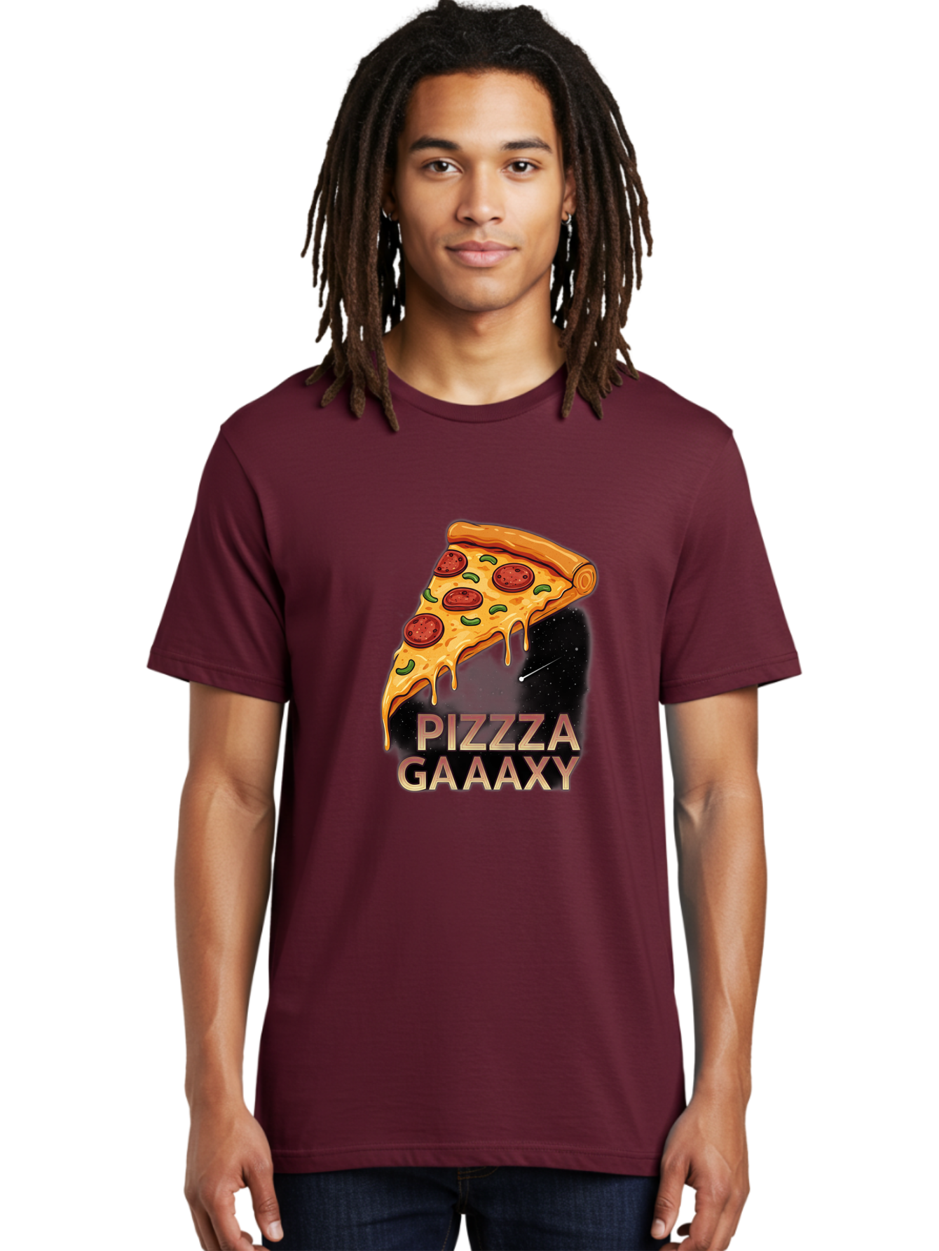 Pizzza-Gaaaxy Men'S Graphic Tee, 100% Cotton, Comfortable Casual Summer Wear, Machine Washable, Pizza Slice In Space, Melted Cheese, Pepperoni Toppings, Green Olives, Outer Space, Galaxy Theme, Cartoon Illustration, Cheese Dripping, Food Art, Bac321