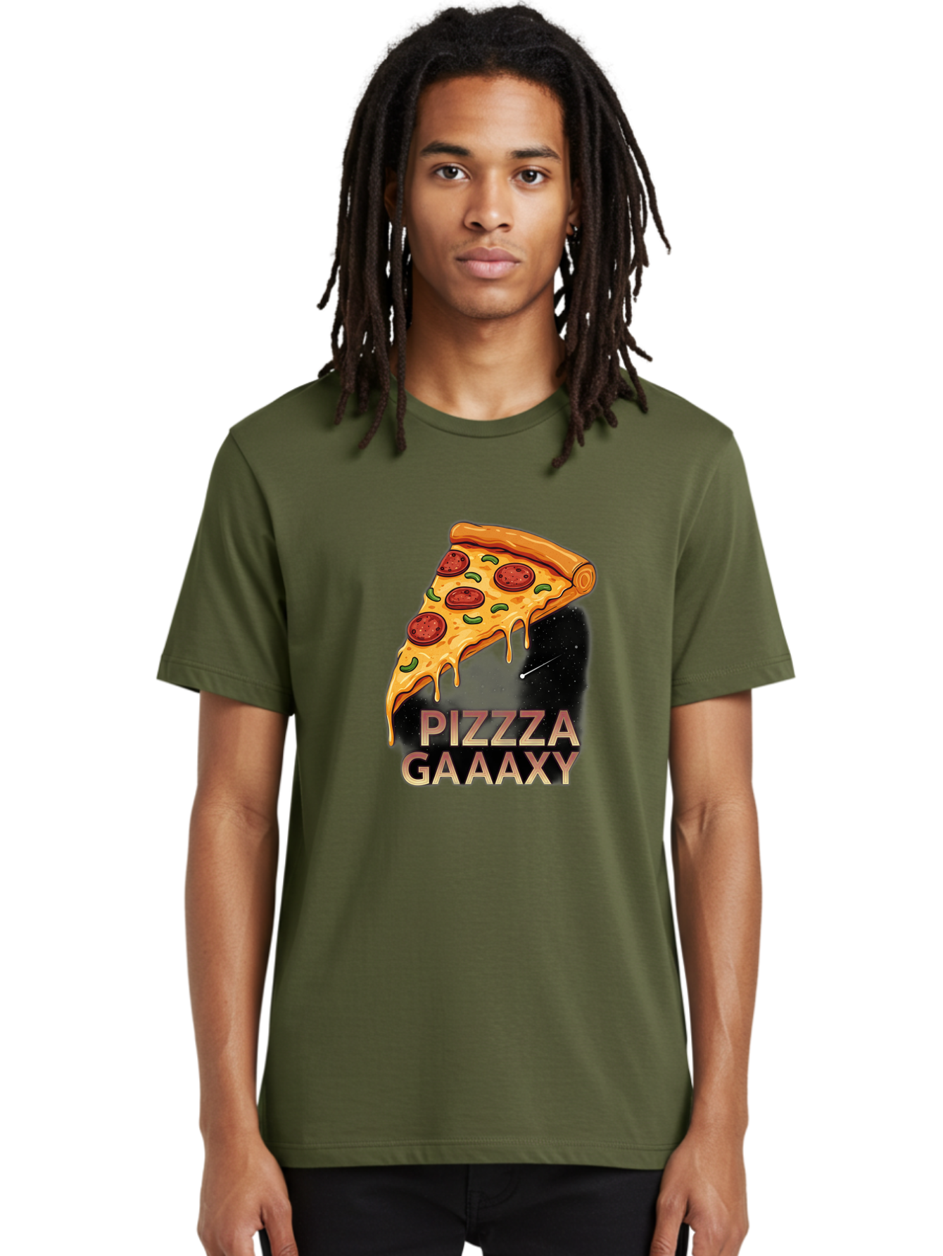 Pizzza-Gaaaxy Men'S Graphic Tee, 100% Cotton, Comfortable Casual Summer Wear, Machine Washable, Pizza Slice In Space, Melted Cheese, Pepperoni Toppings, Green Olives, Outer Space, Galaxy Theme, Cartoon Illustration, Cheese Dripping, Food Art, Bac321