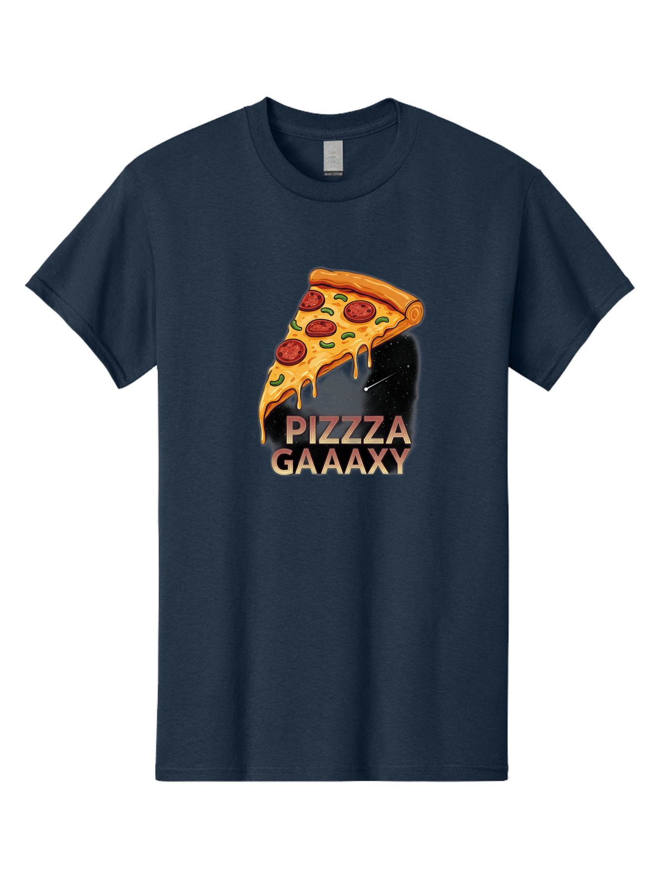 Pizzza-Gaaaxy Men'S Graphic Tee, 100% Cotton, Comfortable Casual Summer Wear, Machine Washable, Pizza Slice In Space, Melted Cheese, Pepperoni Toppings, Green Olives, Outer Space, Galaxy Theme, Cartoon Illustration, Cheese Dripping, Food Art, Bac321