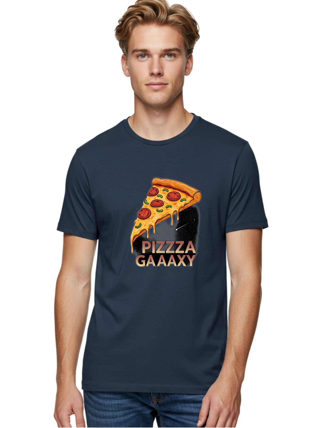 Pizzza-Gaaaxy Men'S Graphic Tee, 100% Cotton, Comfortable Casual Summer Wear, Machine Washable, Pizza Slice In Space, Melted Cheese, Pepperoni Toppings, Green Olives, Outer Space, Galaxy Theme, Cartoon Illustration, Cheese Dripping, Food Art, Bac321