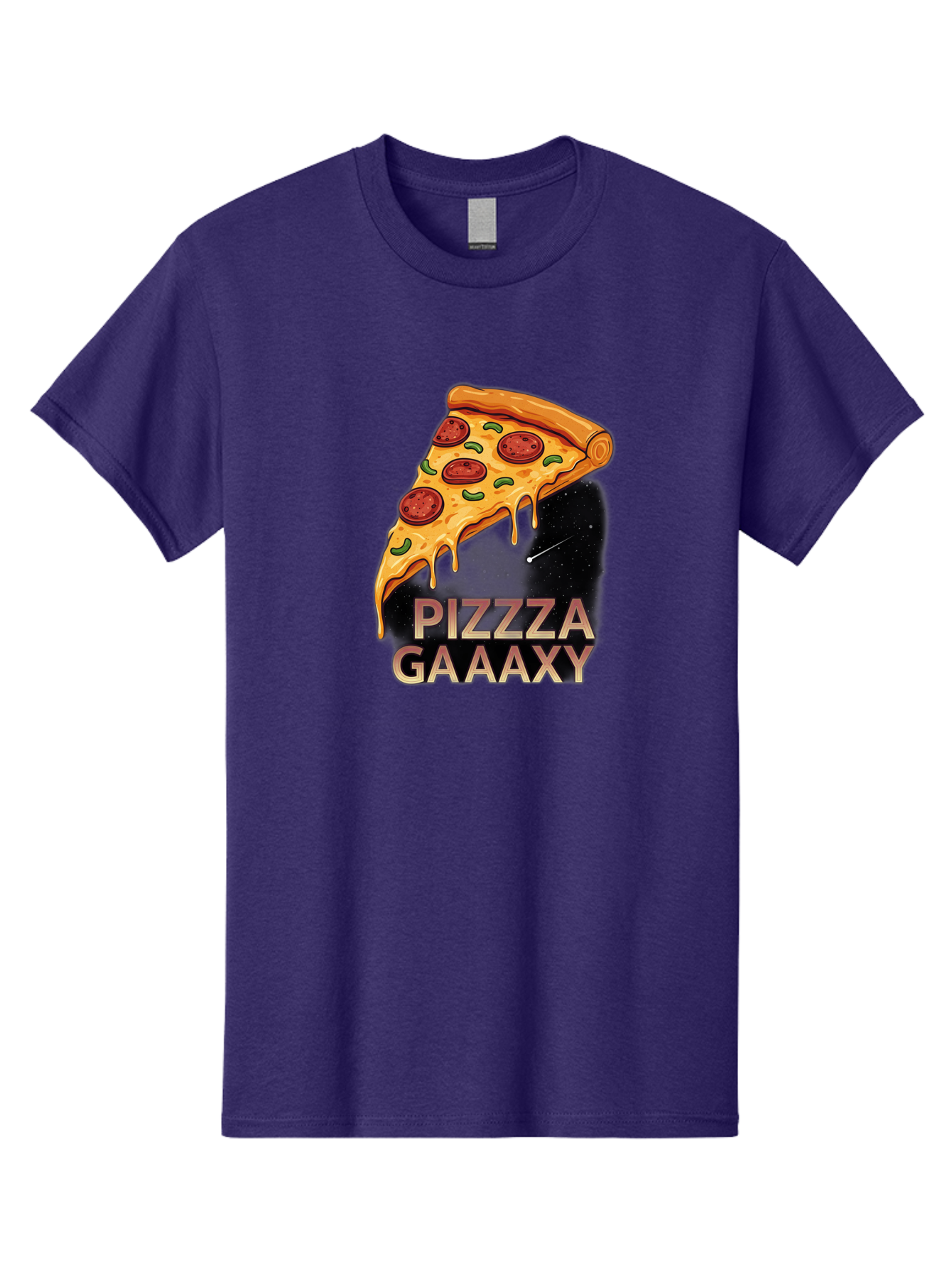 Pizzza-Gaaaxy Men'S Graphic Tee, 100% Cotton, Comfortable Casual Summer Wear, Machine Washable, Pizza Slice In Space, Melted Cheese, Pepperoni Toppings, Green Olives, Outer Space, Galaxy Theme, Cartoon Illustration, Cheese Dripping, Food Art, Bac321