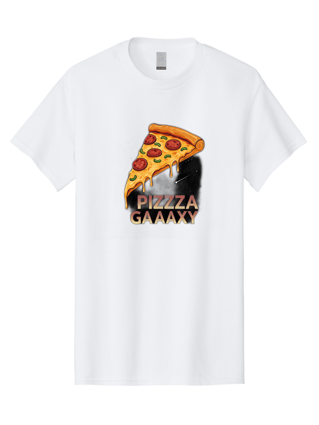 Pizzza-Gaaaxy Men'S Graphic Tee, 100% Cotton, Comfortable Casual Summer Wear, Machine Washable, Pizza Slice In Space, Melted Cheese, Pepperoni Toppings, Green Olives, Outer Space, Galaxy Theme, Cartoon Illustration, Cheese Dripping, Food Art, Bac321