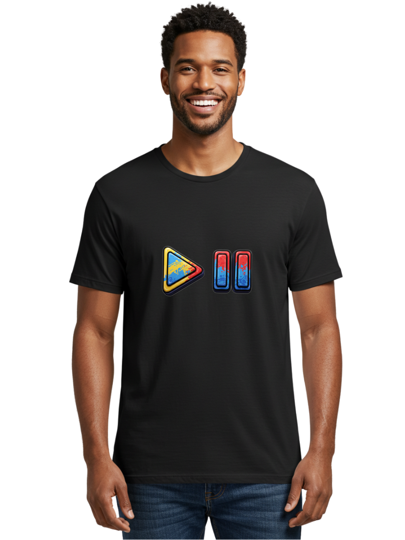 Play-Button-And-Skip-Buttons Men'S Graphic Tee, 100% Cotton, Comfortable Casual Summer Wear, Machine Washable, Play Button, Media Controls, Video Player, Glitch Art, Distorted Graphics, Abstract Shapes, Vibrant Colors, Button Icons, Bac324