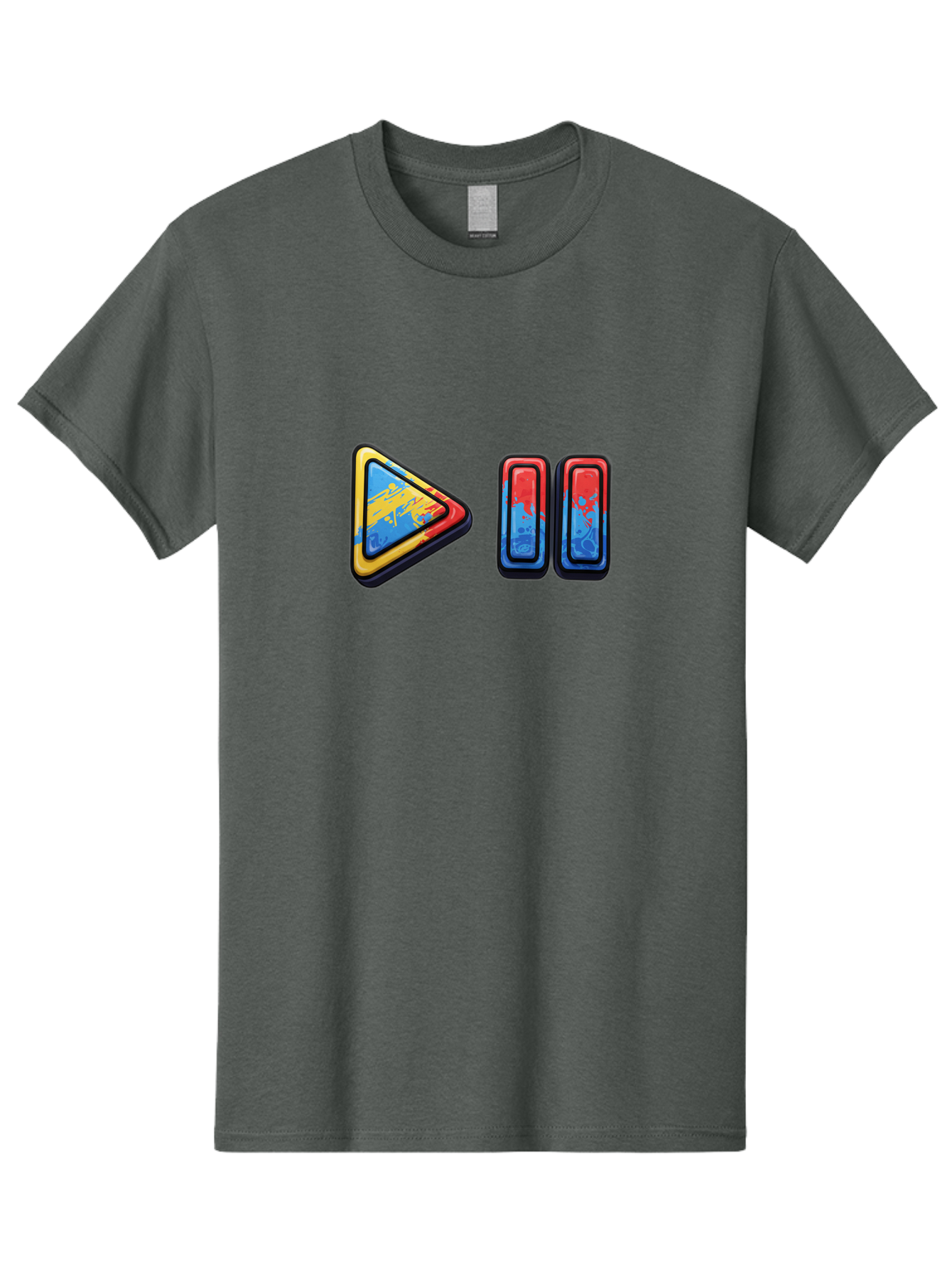 Play-Button-And-Skip-Buttons Men'S Graphic Tee, 100% Cotton, Comfortable Casual Summer Wear, Machine Washable, Play Button, Media Controls, Video Player, Glitch Art, Distorted Graphics, Abstract Shapes, Vibrant Colors, Button Icons, Bac324