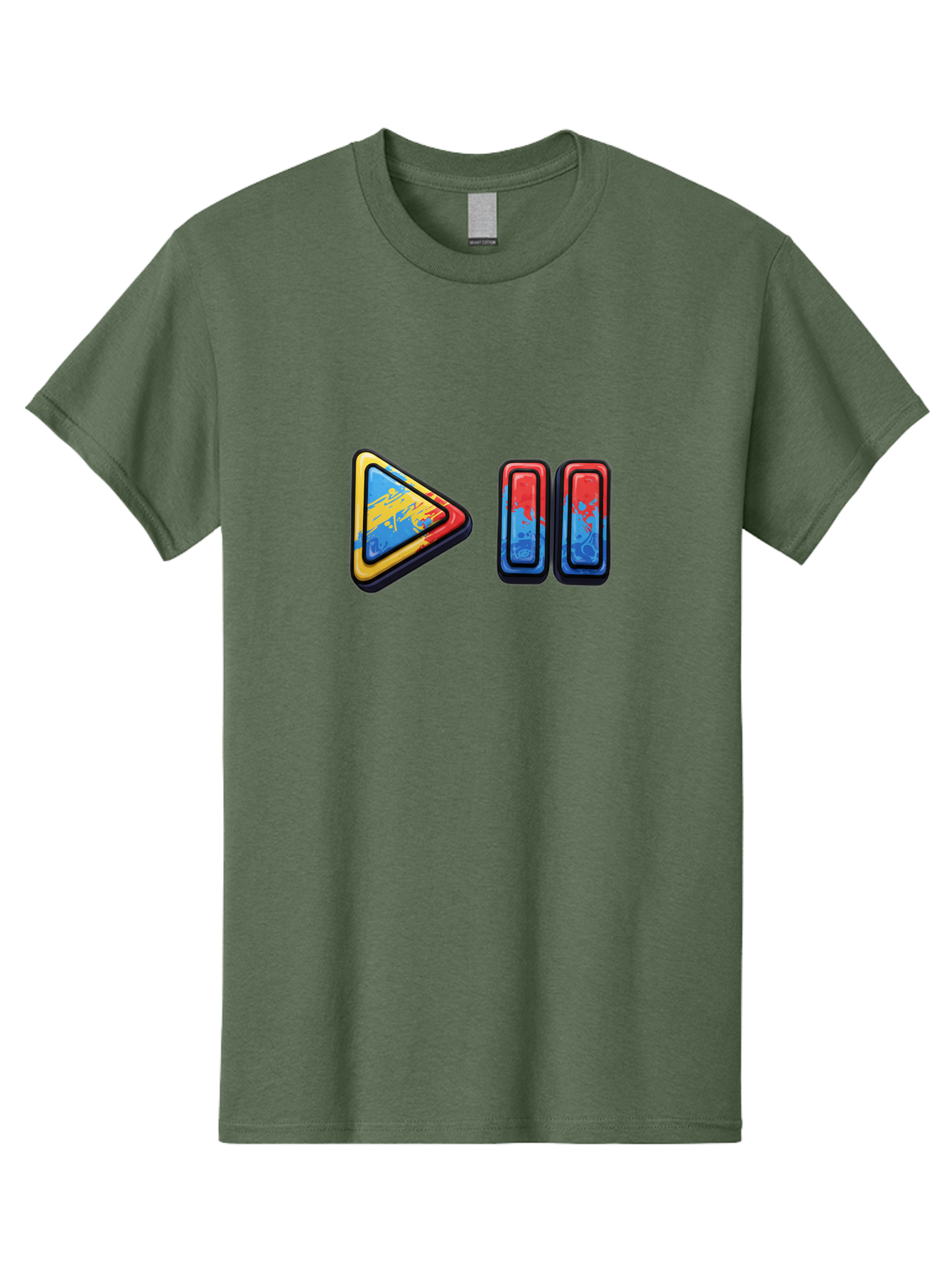 Play-Button-And-Skip-Buttons Men'S Graphic Tee, 100% Cotton, Comfortable Casual Summer Wear, Machine Washable, Play Button, Media Controls, Video Player, Glitch Art, Distorted Graphics, Abstract Shapes, Vibrant Colors, Button Icons, Bac324