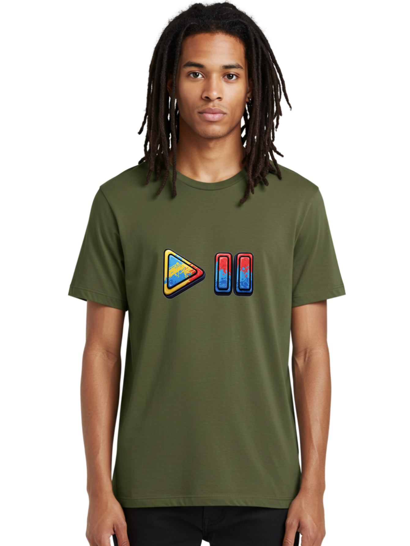 Play-Button-And-Skip-Buttons Men'S Graphic Tee, 100% Cotton, Comfortable Casual Summer Wear, Machine Washable, Play Button, Media Controls, Video Player, Glitch Art, Distorted Graphics, Abstract Shapes, Vibrant Colors, Button Icons, Bac324