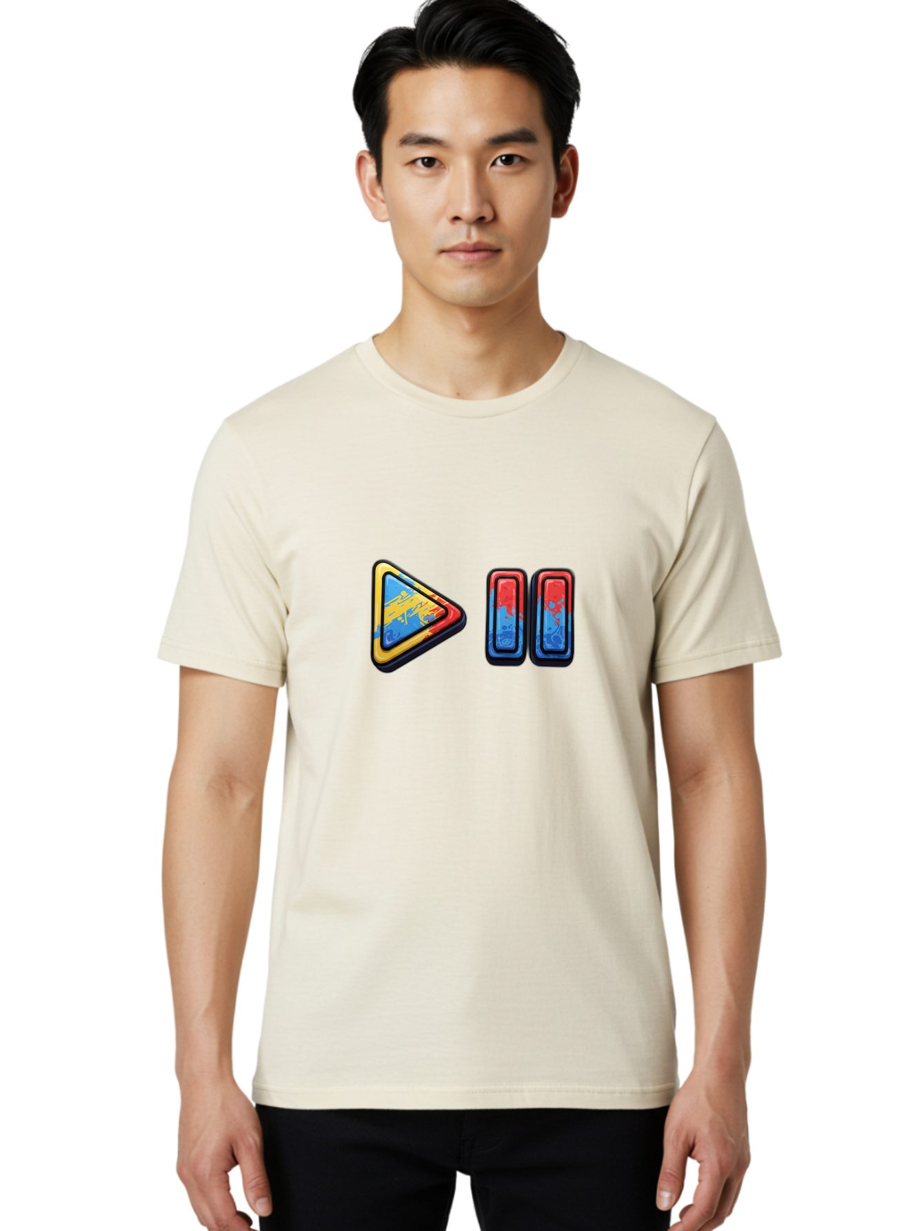 Play-Button-And-Skip-Buttons Men'S Graphic Tee, 100% Cotton, Comfortable Casual Summer Wear, Machine Washable, Play Button, Media Controls, Video Player, Glitch Art, Distorted Graphics, Abstract Shapes, Vibrant Colors, Button Icons, Bac324