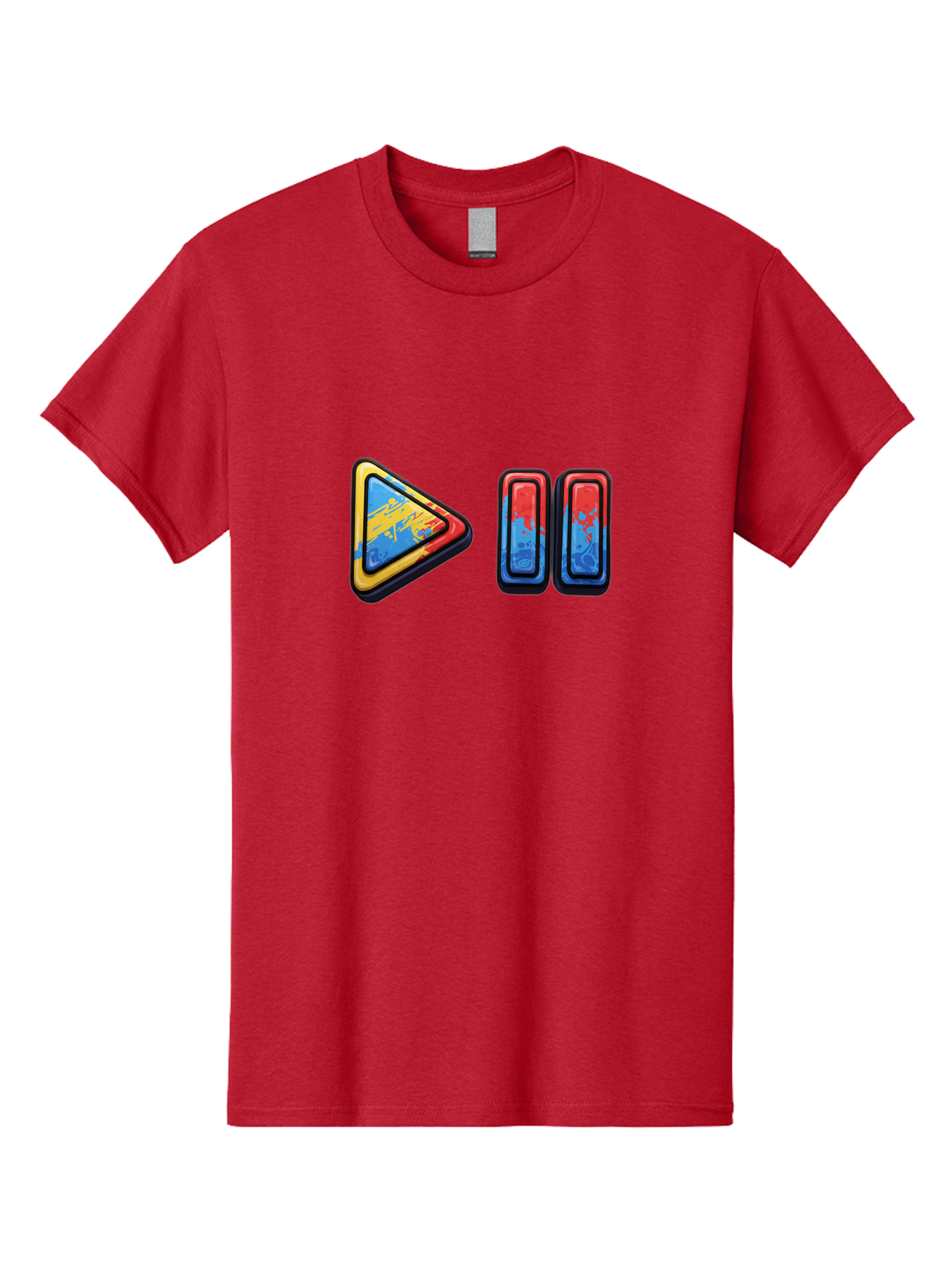Play-Button-And-Skip-Buttons Men'S Graphic Tee, 100% Cotton, Comfortable Casual Summer Wear, Machine Washable, Play Button, Media Controls, Video Player, Glitch Art, Distorted Graphics, Abstract Shapes, Vibrant Colors, Button Icons, Bac324