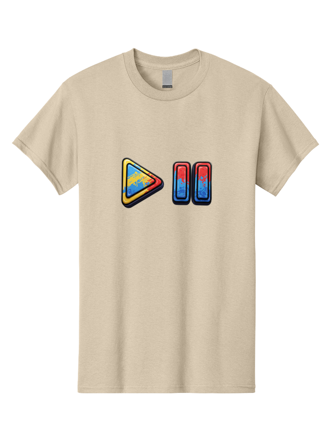 Play-Button-And-Skip-Buttons Men'S Graphic Tee, 100% Cotton, Comfortable Casual Summer Wear, Machine Washable, Play Button, Media Controls, Video Player, Glitch Art, Distorted Graphics, Abstract Shapes, Vibrant Colors, Button Icons, Bac324