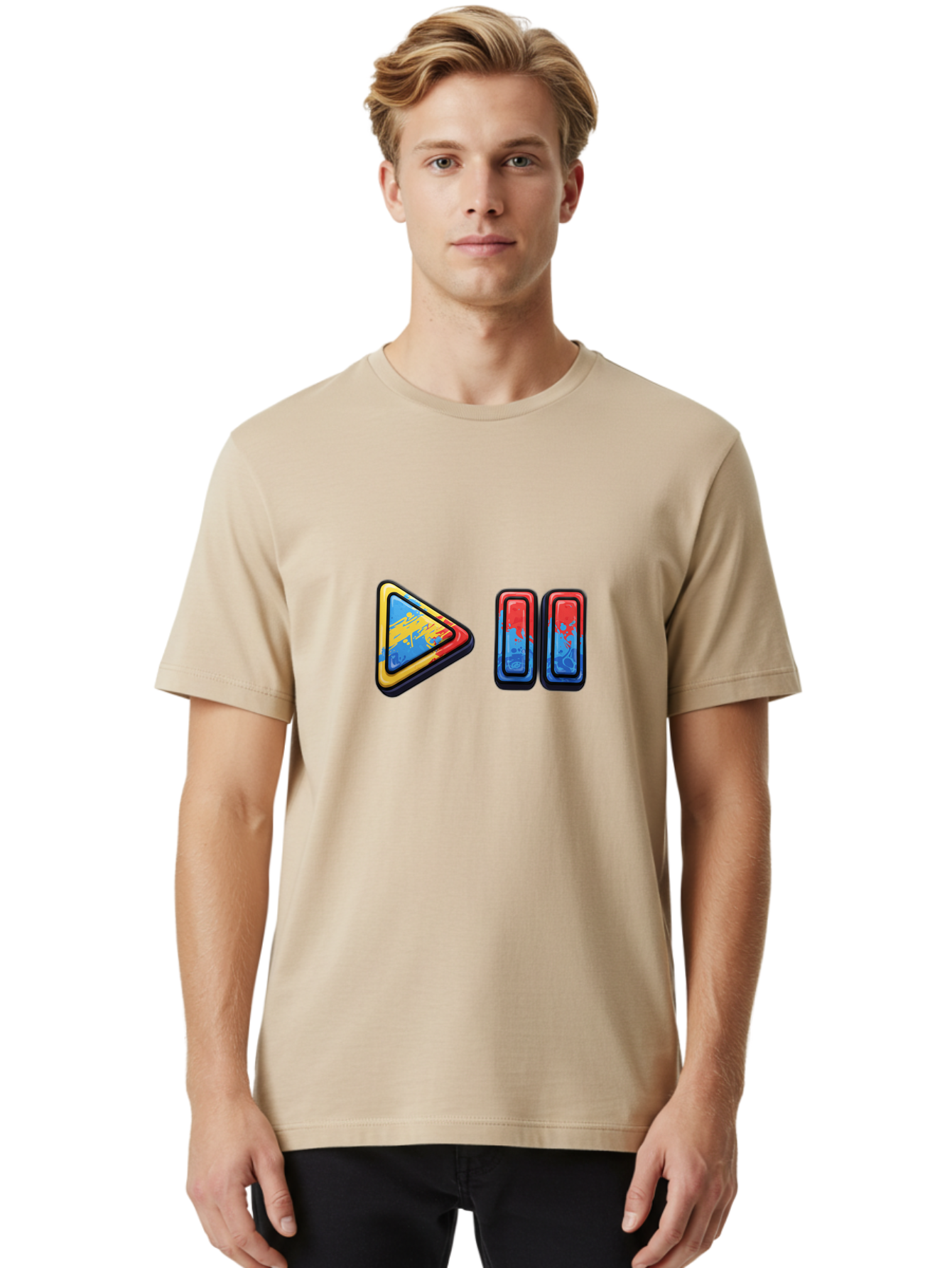 Play-Button-And-Skip-Buttons Men'S Graphic Tee, 100% Cotton, Comfortable Casual Summer Wear, Machine Washable, Play Button, Media Controls, Video Player, Glitch Art, Distorted Graphics, Abstract Shapes, Vibrant Colors, Button Icons, Bac324