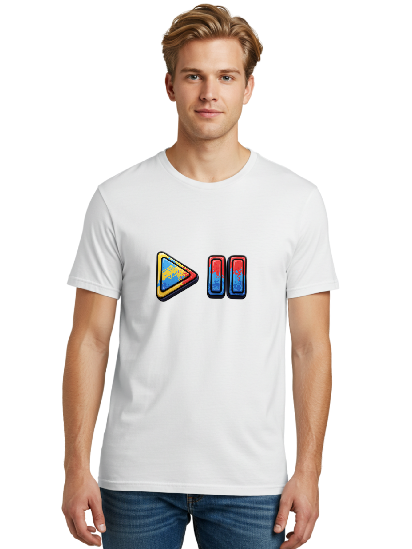 Play-Button-And-Skip-Buttons Men'S Graphic Tee, 100% Cotton, Comfortable Casual Summer Wear, Machine Washable, Play Button, Media Controls, Video Player, Glitch Art, Distorted Graphics, Abstract Shapes, Vibrant Colors, Button Icons, Bac324