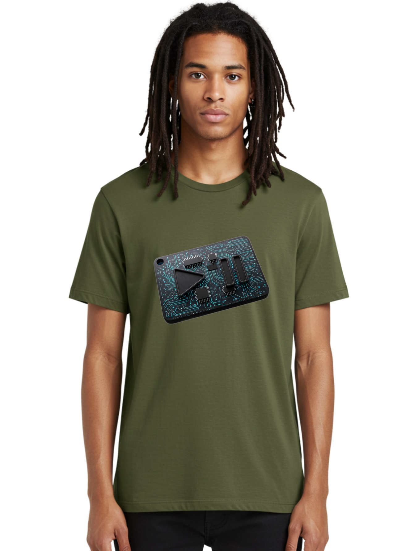 Play-Button-Circuit-Card Men'S Graphic Tee, 100% Cotton, Comfortable Casual Summer Wear, Machine Washable, Media Controls, Play Button, Circuit Board, Electronic Device, Futuristic Design, Modern Technology, Sleek Interface, User Experience, Bac325