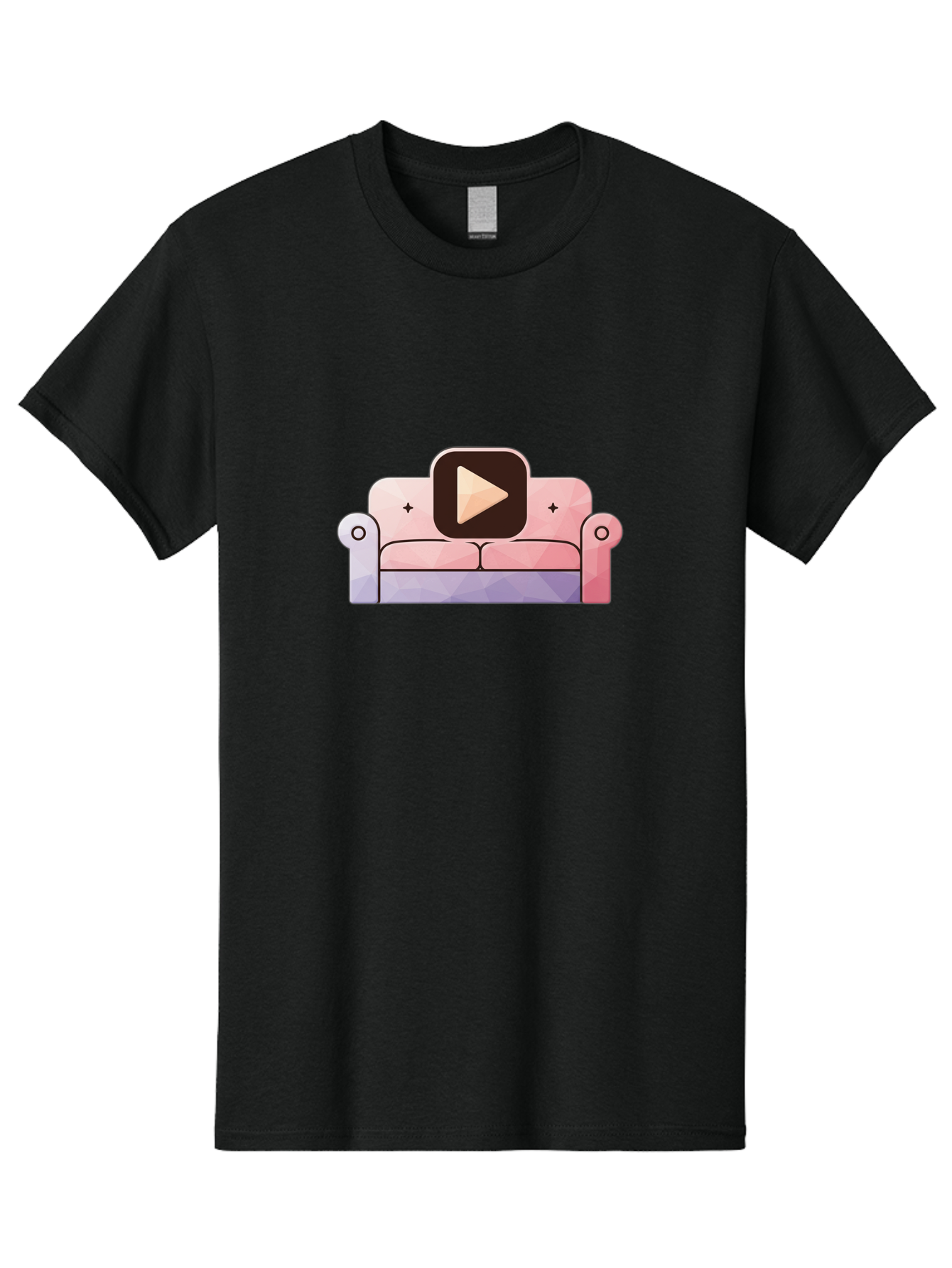 Play-Button-On-Couch Men'S Graphic Tee, 100% Cotton, Comfortable Casual Summer Wear, Machine Washable, Play Button Icon On A Sofa, Cartoon Style, Pink Couch, Purple Accents, Plus Signs, Play Symbol, Digital Illustration Bac327