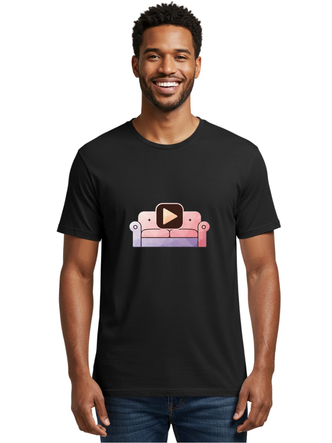 Play-Button-On-Couch Men'S Graphic Tee, 100% Cotton, Comfortable Casual Summer Wear, Machine Washable, Play Button Icon On A Sofa, Cartoon Style, Pink Couch, Purple Accents, Plus Signs, Play Symbol, Digital Illustration Bac327