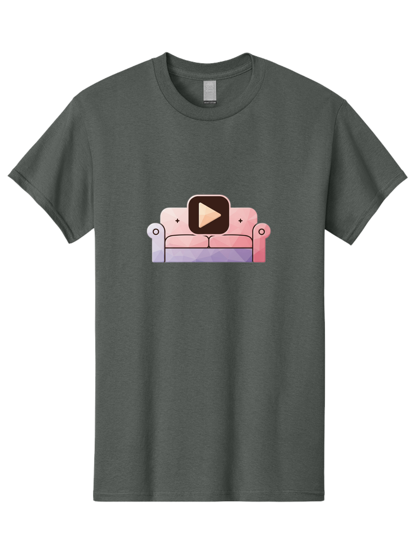 Play-Button-On-Couch Men'S Graphic Tee, 100% Cotton, Comfortable Casual Summer Wear, Machine Washable, Play Button Icon On A Sofa, Cartoon Style, Pink Couch, Purple Accents, Plus Signs, Play Symbol, Digital Illustration Bac327