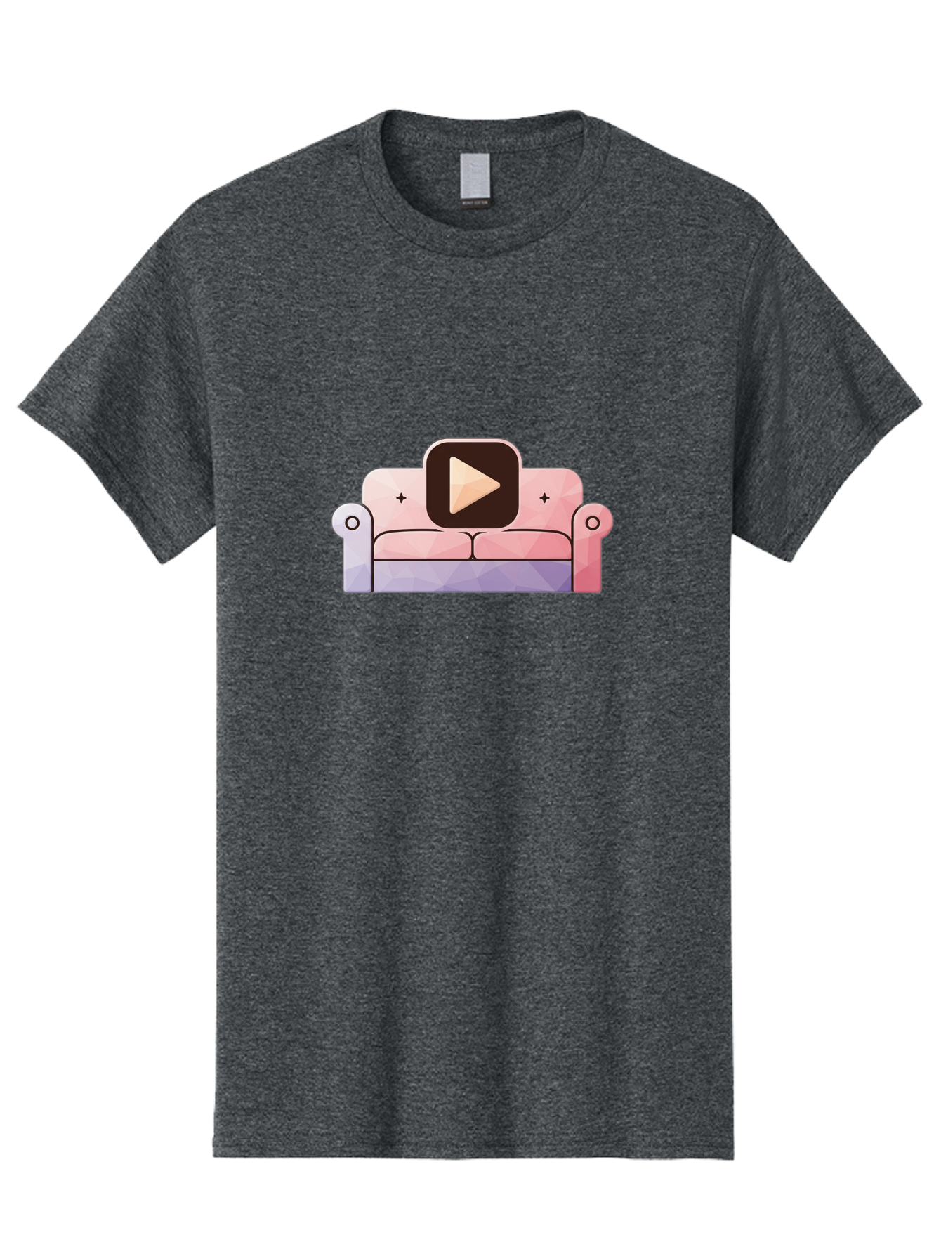 Play-Button-On-Couch Men'S Graphic Tee, 100% Cotton, Comfortable Casual Summer Wear, Machine Washable, Play Button Icon On A Sofa, Cartoon Style, Pink Couch, Purple Accents, Plus Signs, Play Symbol, Digital Illustration Bac327