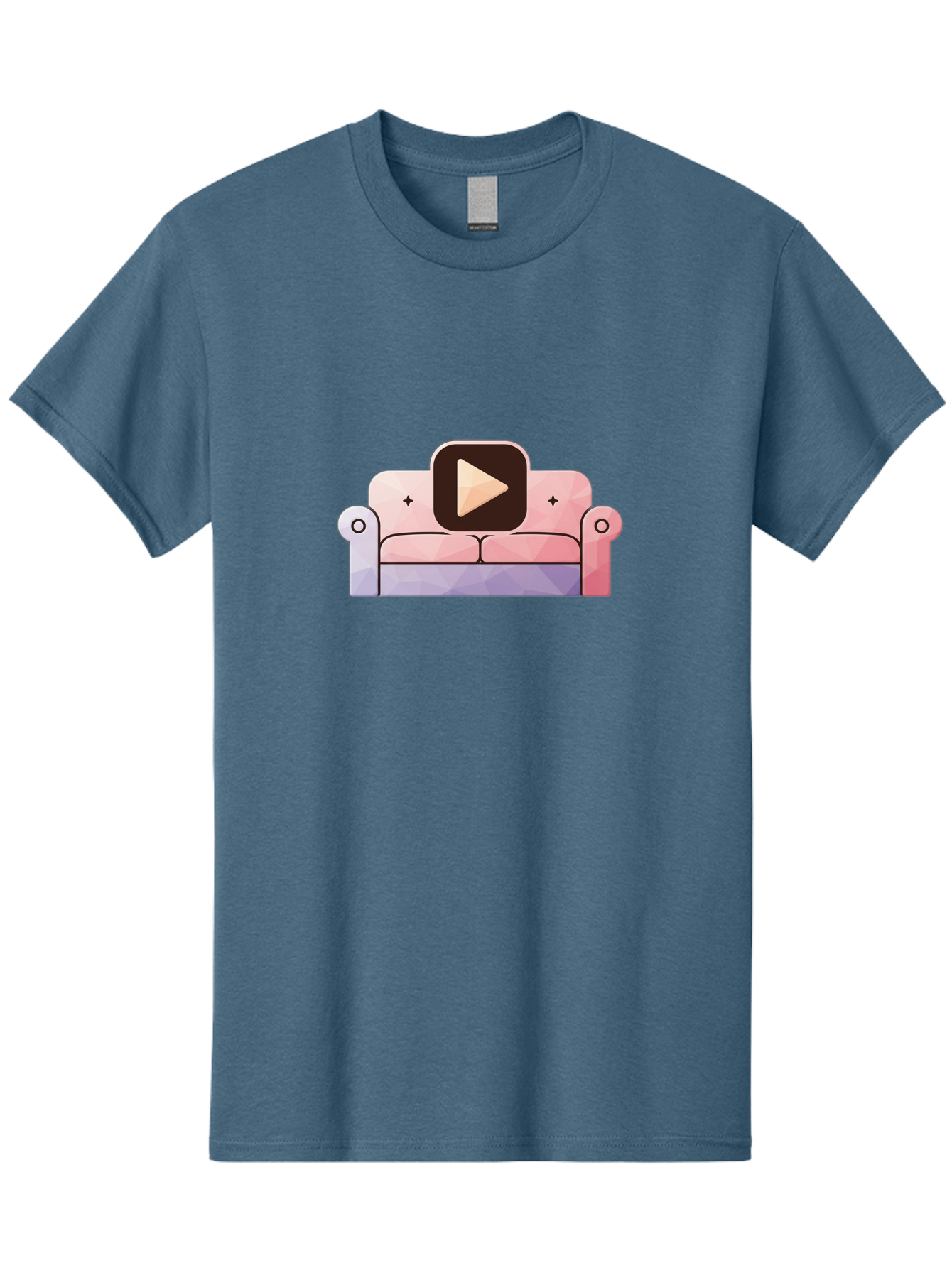Play-Button-On-Couch Men'S Graphic Tee, 100% Cotton, Comfortable Casual Summer Wear, Machine Washable, Play Button Icon On A Sofa, Cartoon Style, Pink Couch, Purple Accents, Plus Signs, Play Symbol, Digital Illustration Bac327