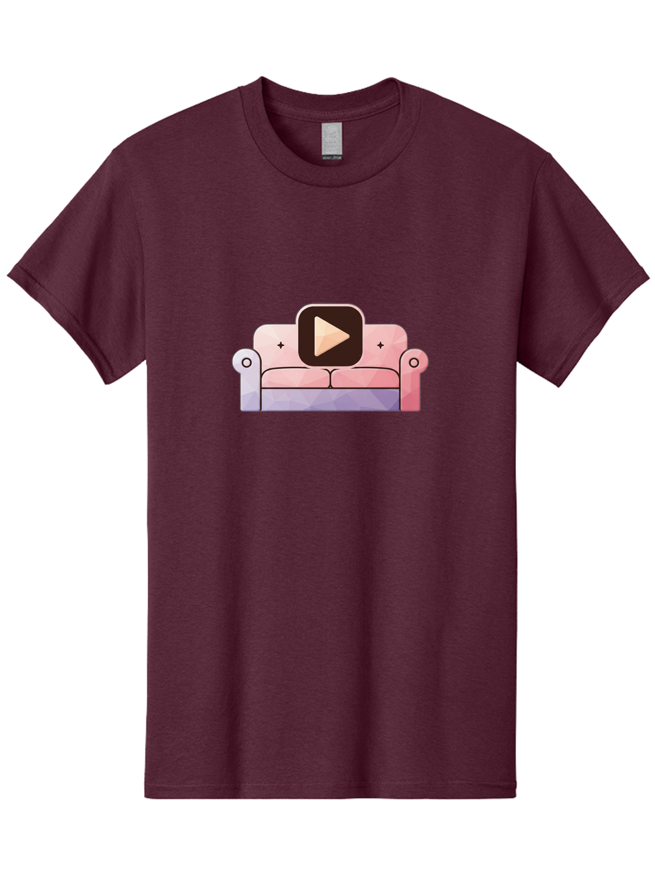 Play-Button-On-Couch Men'S Graphic Tee, 100% Cotton, Comfortable Casual Summer Wear, Machine Washable, Play Button Icon On A Sofa, Cartoon Style, Pink Couch, Purple Accents, Plus Signs, Play Symbol, Digital Illustration Bac327