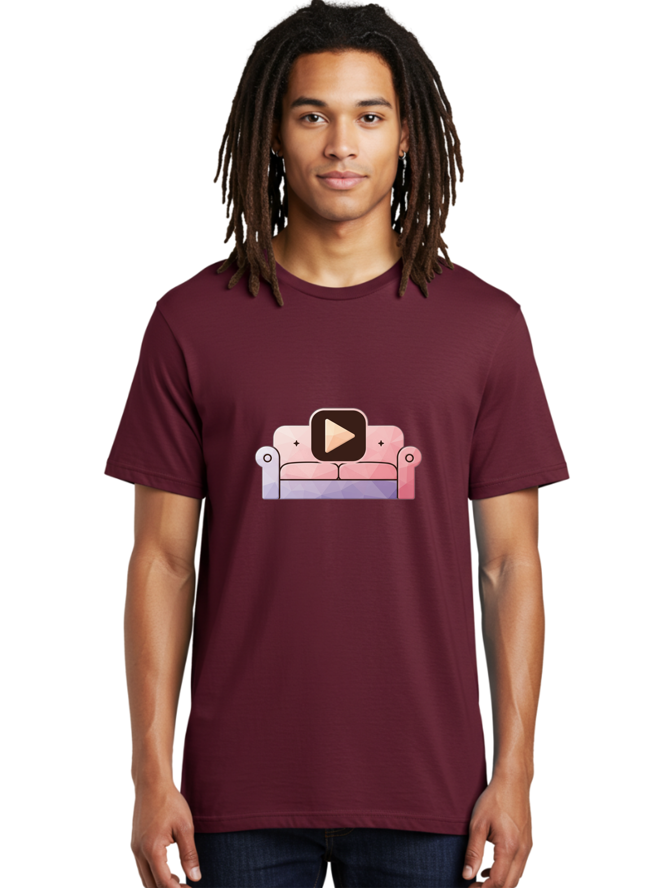 Play-Button-On-Couch Men'S Graphic Tee, 100% Cotton, Comfortable Casual Summer Wear, Machine Washable, Play Button Icon On A Sofa, Cartoon Style, Pink Couch, Purple Accents, Plus Signs, Play Symbol, Digital Illustration Bac327