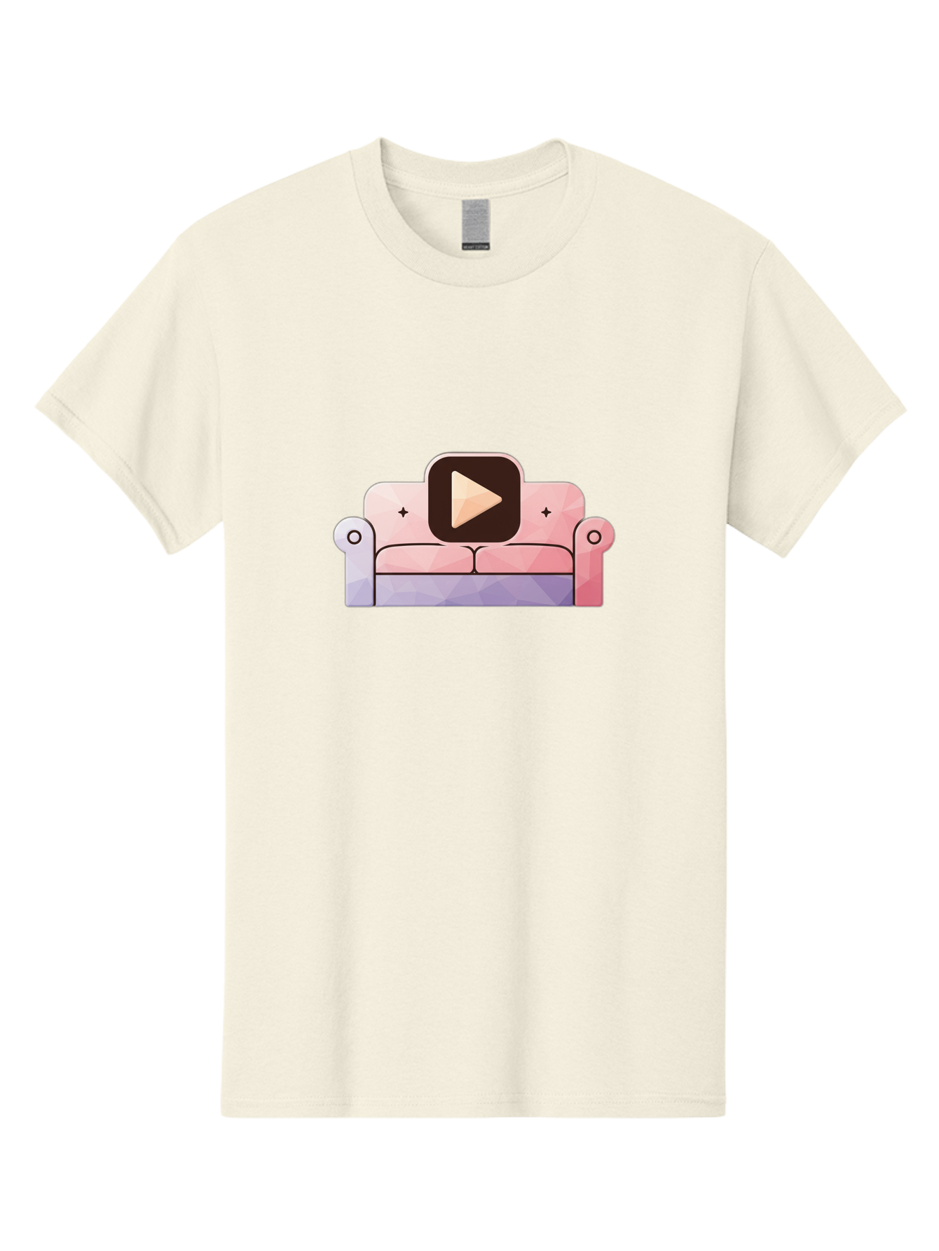 Play-Button-On-Couch Men'S Graphic Tee, 100% Cotton, Comfortable Casual Summer Wear, Machine Washable, Play Button Icon On A Sofa, Cartoon Style, Pink Couch, Purple Accents, Plus Signs, Play Symbol, Digital Illustration Bac327