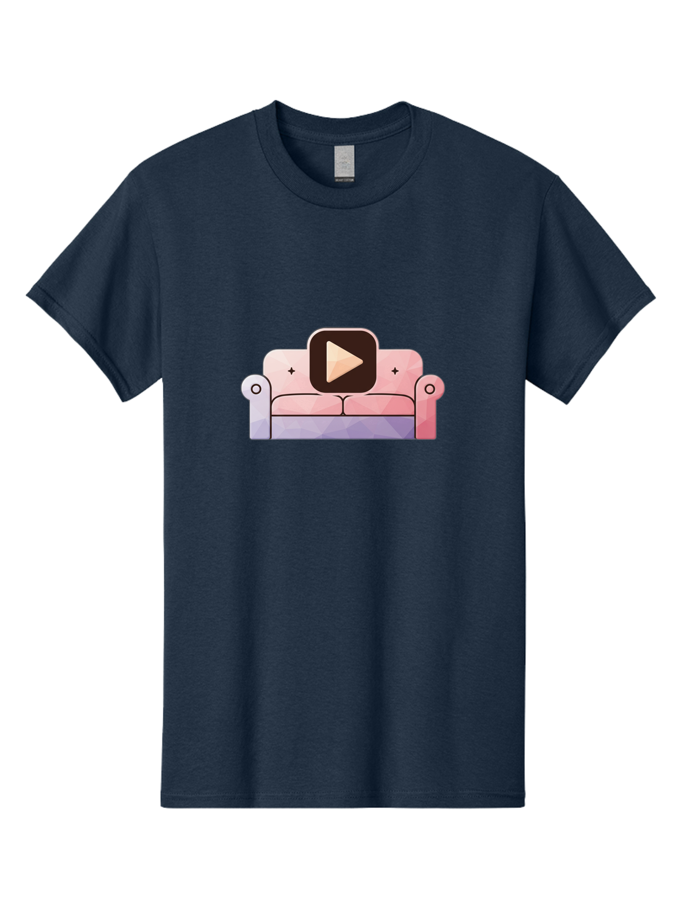 Play-Button-On-Couch Men'S Graphic Tee, 100% Cotton, Comfortable Casual Summer Wear, Machine Washable, Play Button Icon On A Sofa, Cartoon Style, Pink Couch, Purple Accents, Plus Signs, Play Symbol, Digital Illustration Bac327