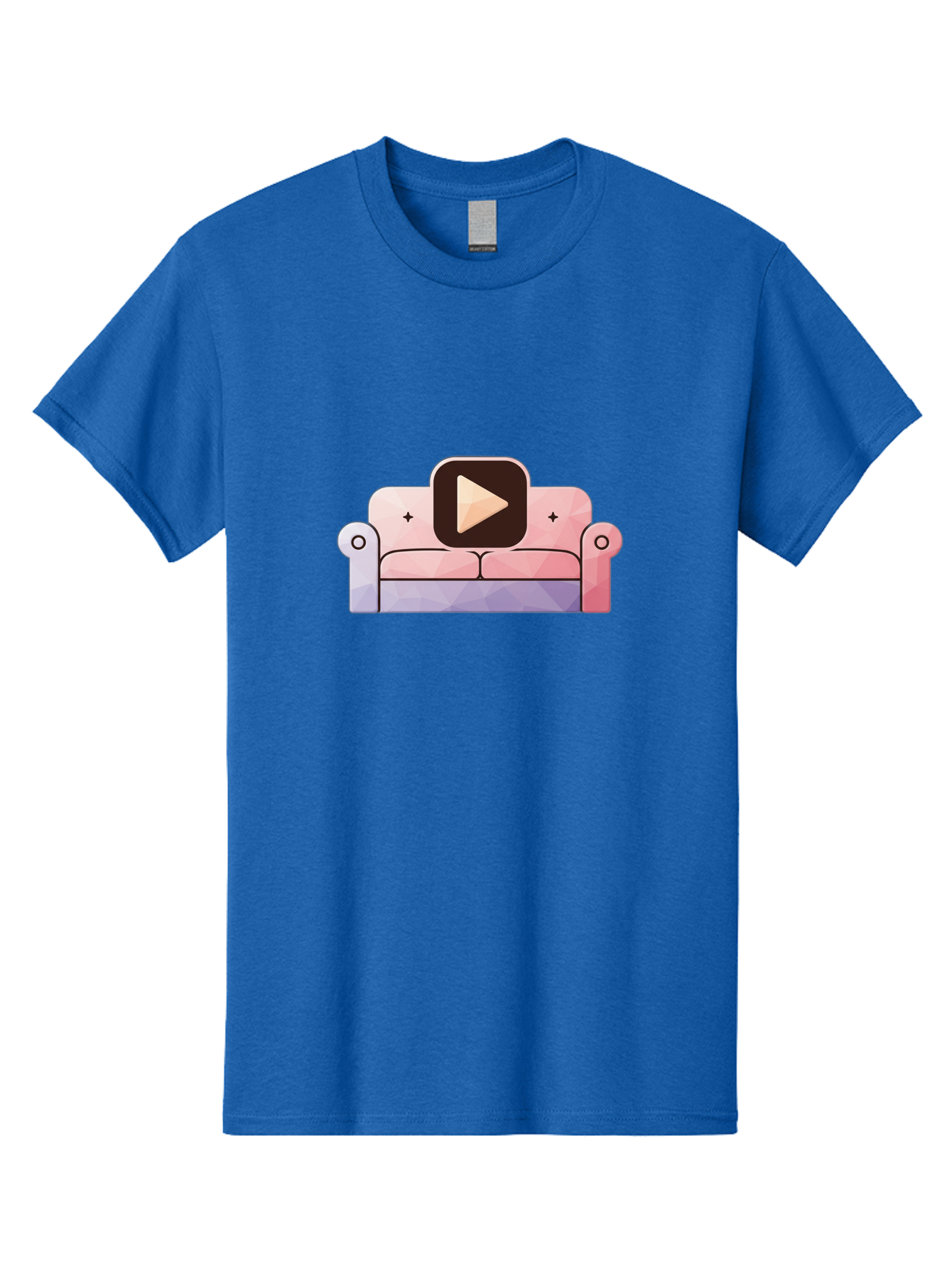 Play-Button-On-Couch Men'S Graphic Tee, 100% Cotton, Comfortable Casual Summer Wear, Machine Washable, Play Button Icon On A Sofa, Cartoon Style, Pink Couch, Purple Accents, Plus Signs, Play Symbol, Digital Illustration Bac327