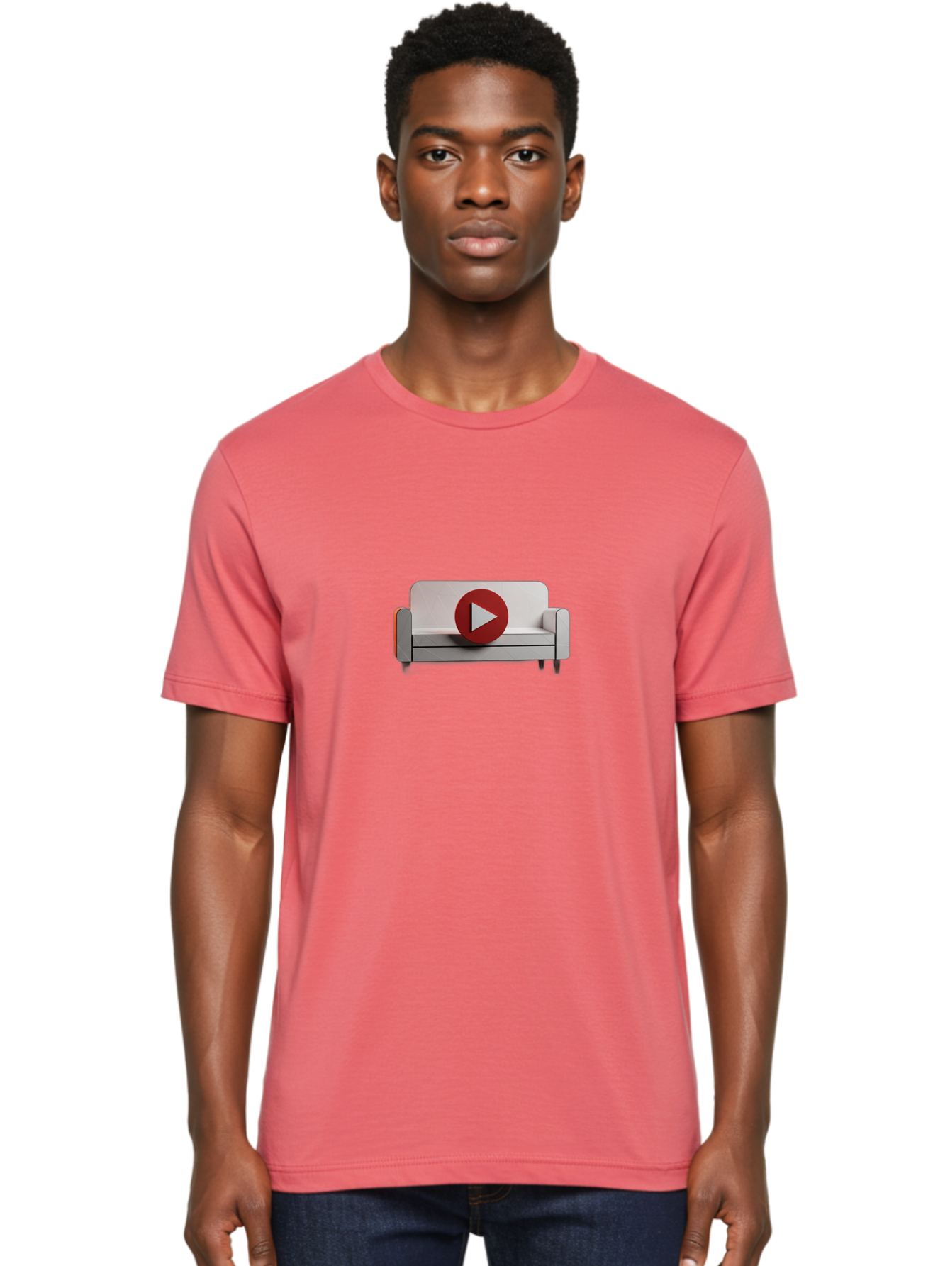 Play-Button-On-Sofa Men'S Graphic Tee, 100% Cotton, Comfortable Casual Summer Wear, Machine Washable, Play Button On Couch, Video Play Icon, Sofa Furniture, 3D Illustration, Modern Interior Design, Home Decor, Digital Media, Entertainment, Bac328
