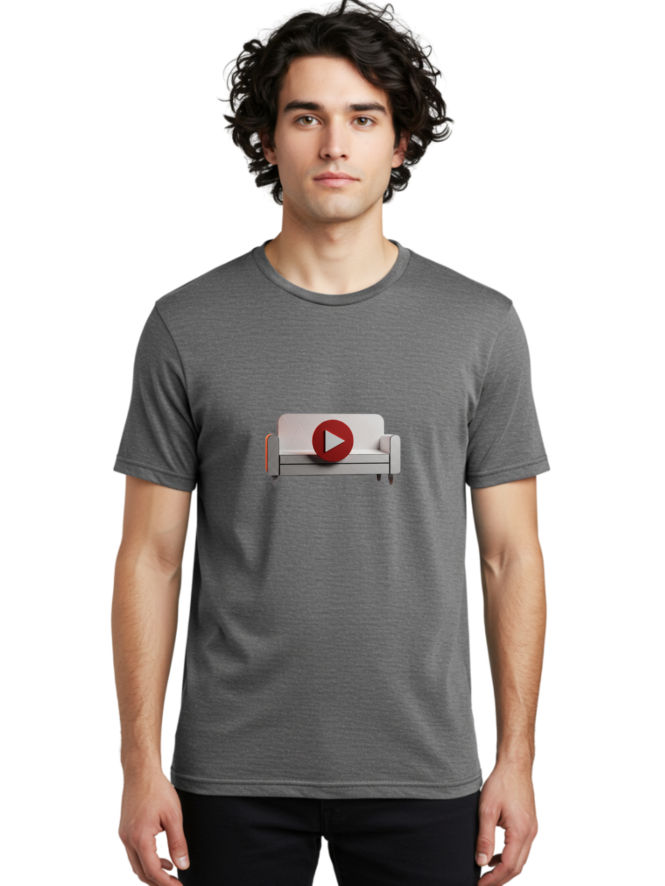 Play-Button-On-Sofa Men'S Graphic Tee, 100% Cotton, Comfortable Casual Summer Wear, Machine Washable, Play Button On Couch, Video Play Icon, Sofa Furniture, 3D Illustration, Modern Interior Design, Home Decor, Digital Media, Entertainment, Bac328