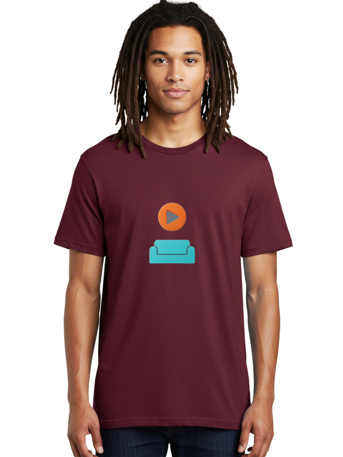 Play-Button-Sofa Men'S Graphic Tee, 100% Cotton, Comfortable Casual Summer Wear, Machine Washable, Play Button, Sofa, Blue Couch, Entertainment, Relaxation, Orange Circle, Gray Play Icon, Digital Illustration, Modern Design Bac329