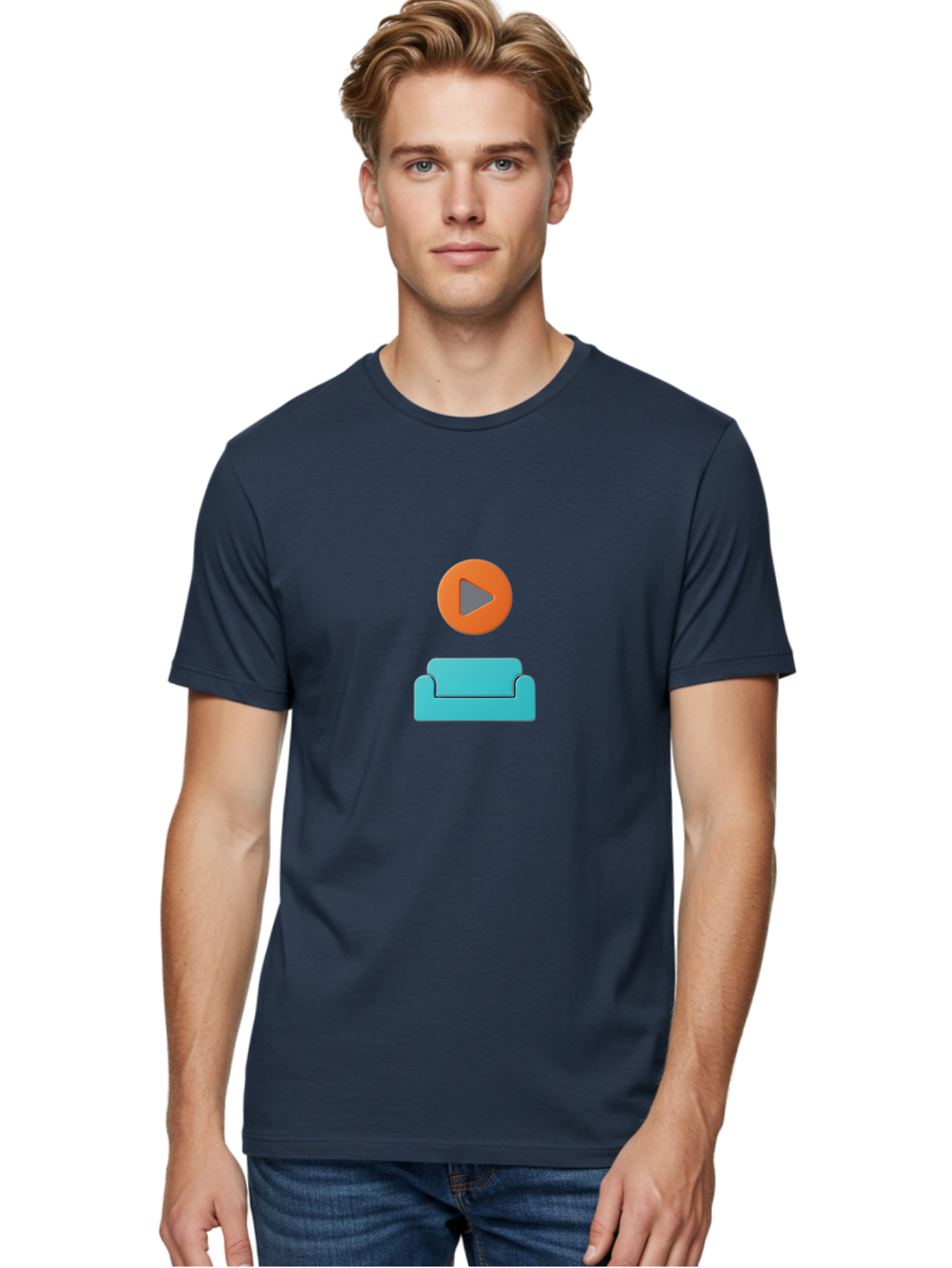 Play-Button-Sofa Men'S Graphic Tee, 100% Cotton, Comfortable Casual Summer Wear, Machine Washable, Play Button, Sofa, Blue Couch, Entertainment, Relaxation, Orange Circle, Gray Play Icon, Digital Illustration, Modern Design Bac329