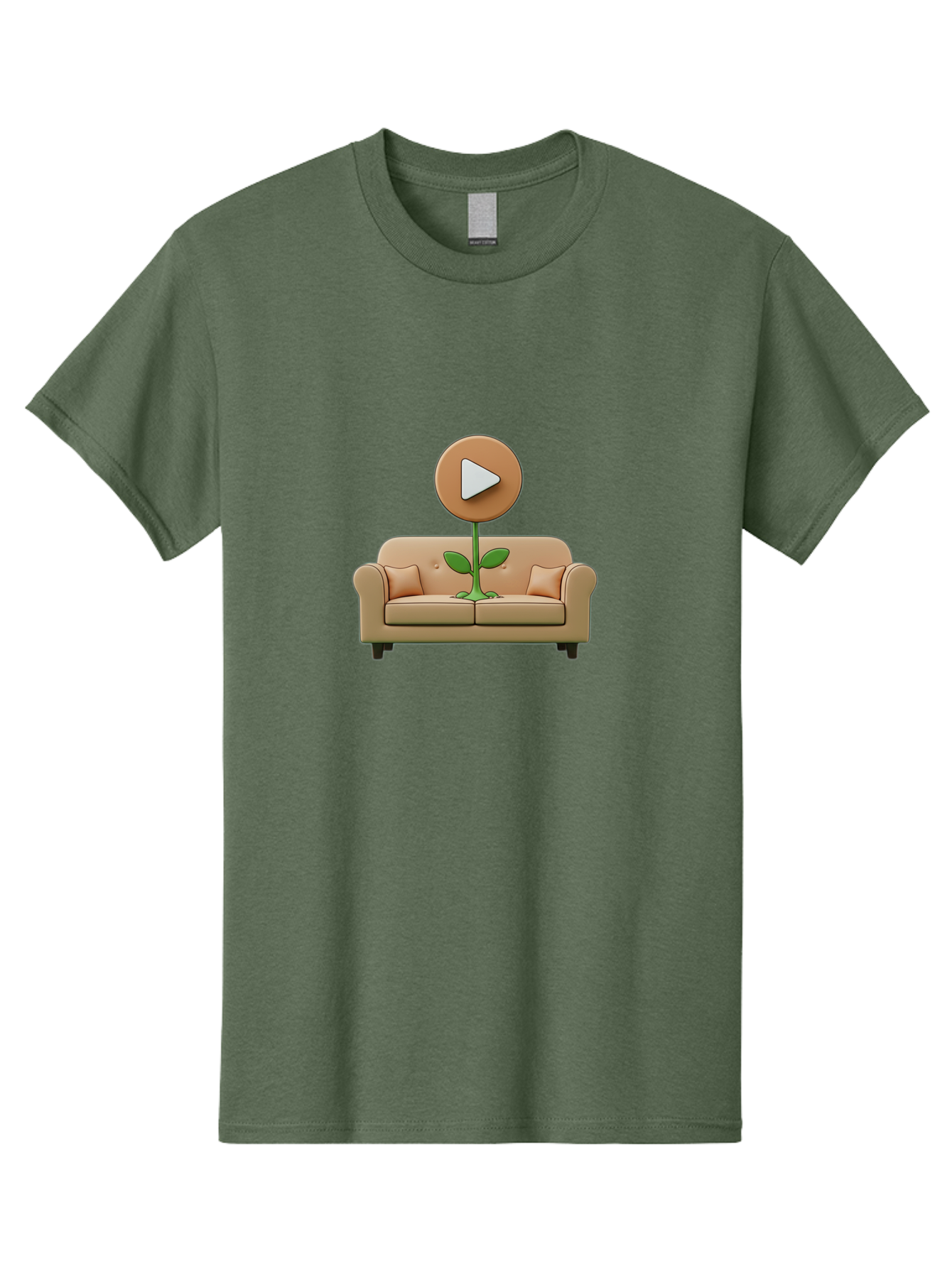 Play-Button-Sprout Men'S Graphic Tee, 100% Cotton, Comfortable Casual Summer Wear, Machine Washable, Play Button, Video Play Icon, Growing Plant, Tan Couch, Cartoon Illustration, Creative Concept, Digital Media, Online Video Bac330