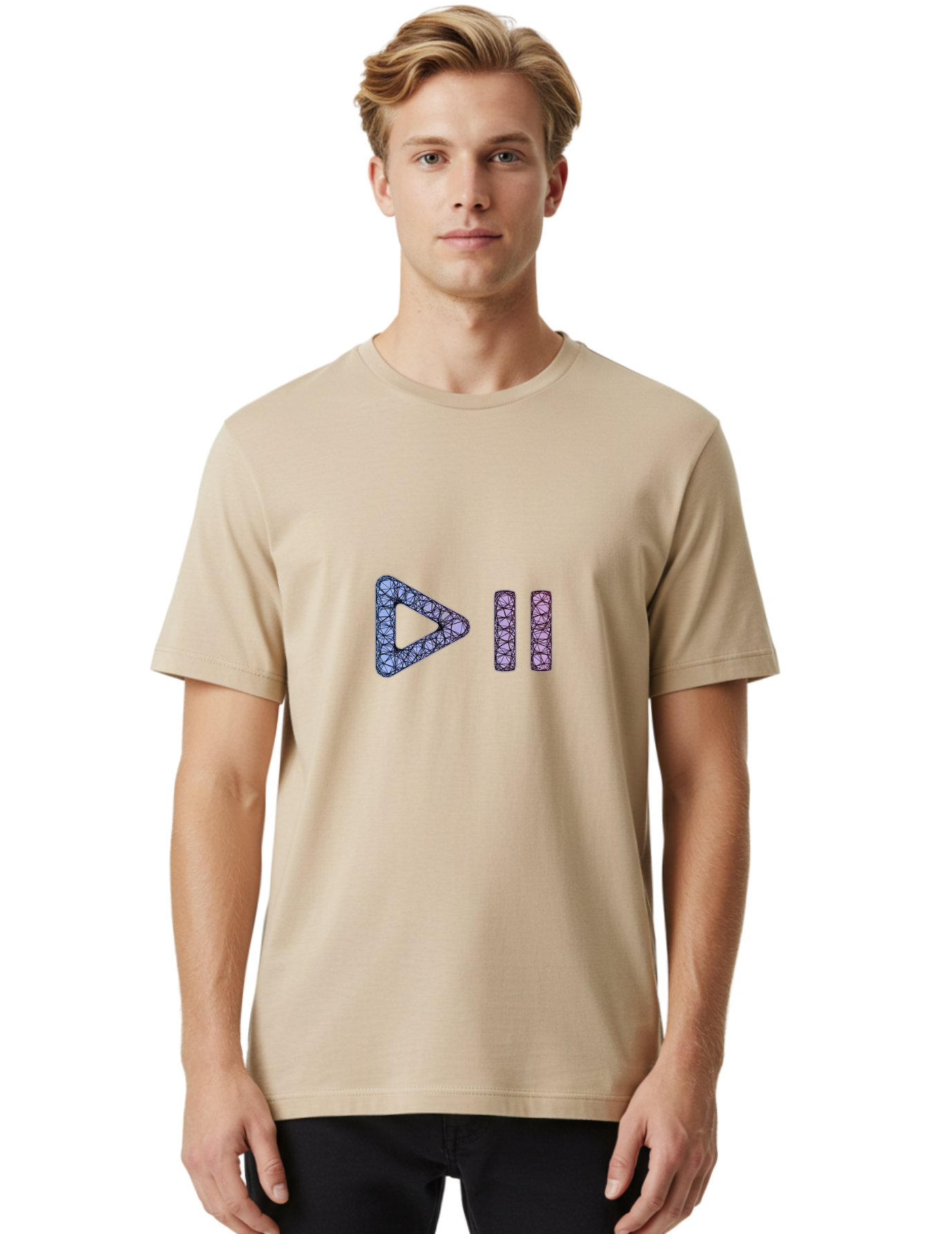 Play-Pause-Symbols Men'S Graphic Tee, 100% Cotton, Comfortable Casual Summer Wear, Machine Washable, Play And Pause Button, Media Controls, Music Control, Multimedia Icons, Abstract Geometric Pattern, Purple And Black Design, Digital Art, Bac334
