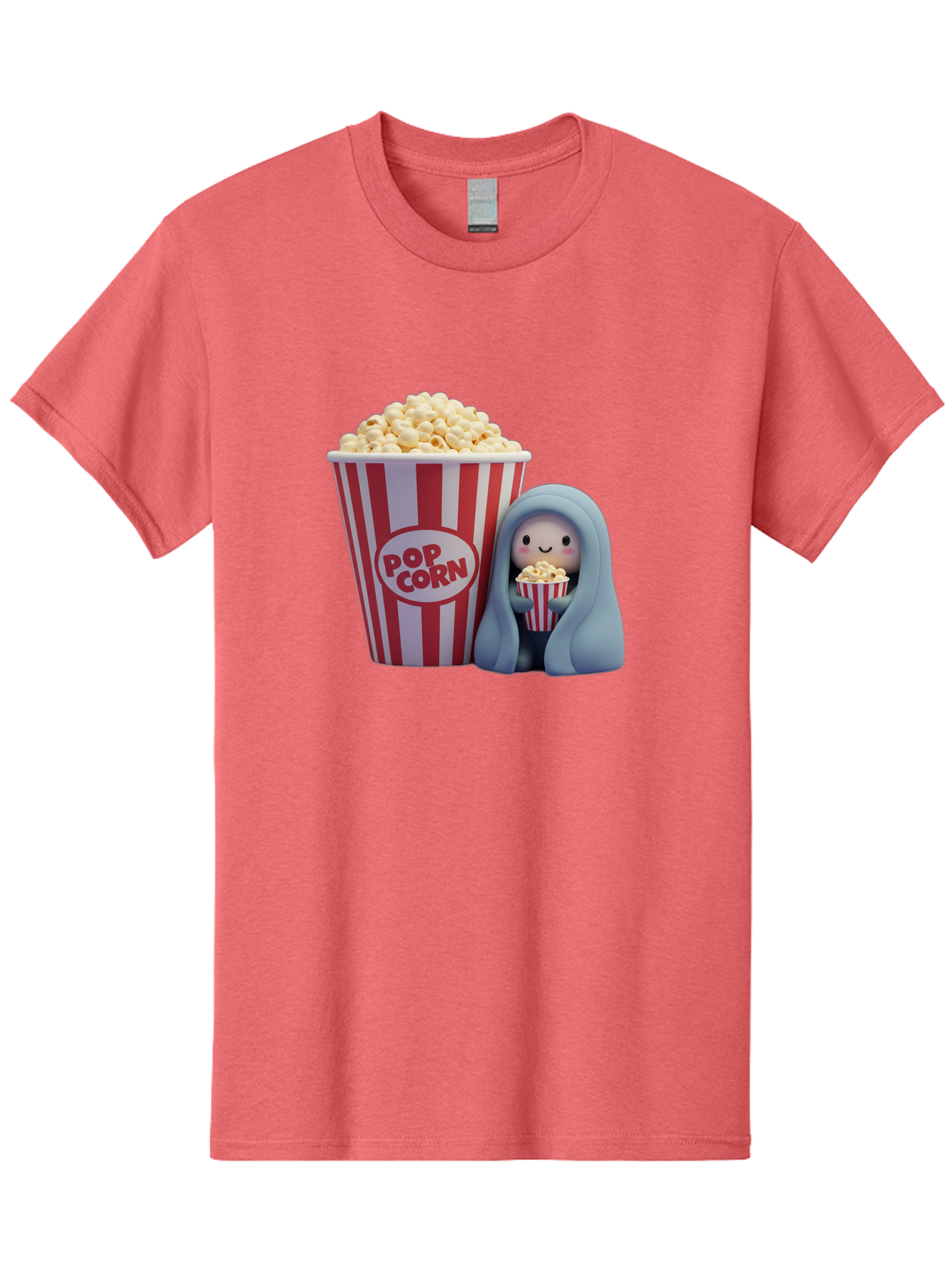 Pop-Corn Men'S Graphic Tee, 100% Cotton, Comfortable Casual Summer Wear, Machine Washable, Cartoon Character, Red And White Striped Container, Small Bucket Of Popcorn, Cute Figurine, Blue Hooded Figure, Smiling Face, Fun Snack, Playful Vibe, Bac336