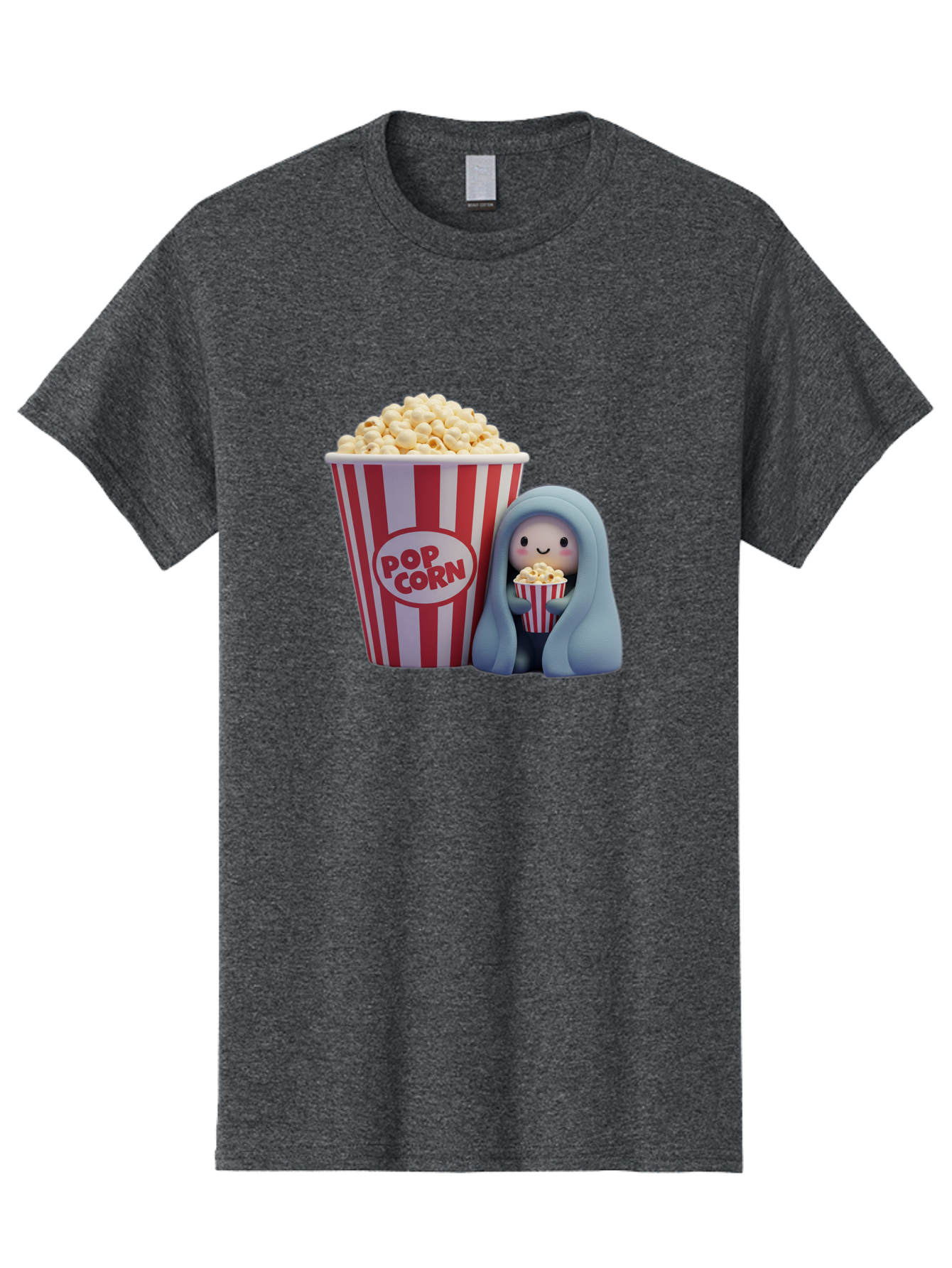 Pop-Corn Men'S Graphic Tee, 100% Cotton, Comfortable Casual Summer Wear, Machine Washable, Cartoon Character, Red And White Striped Container, Small Bucket Of Popcorn, Cute Figurine, Blue Hooded Figure, Smiling Face, Fun Snack, Playful Vibe, Bac336