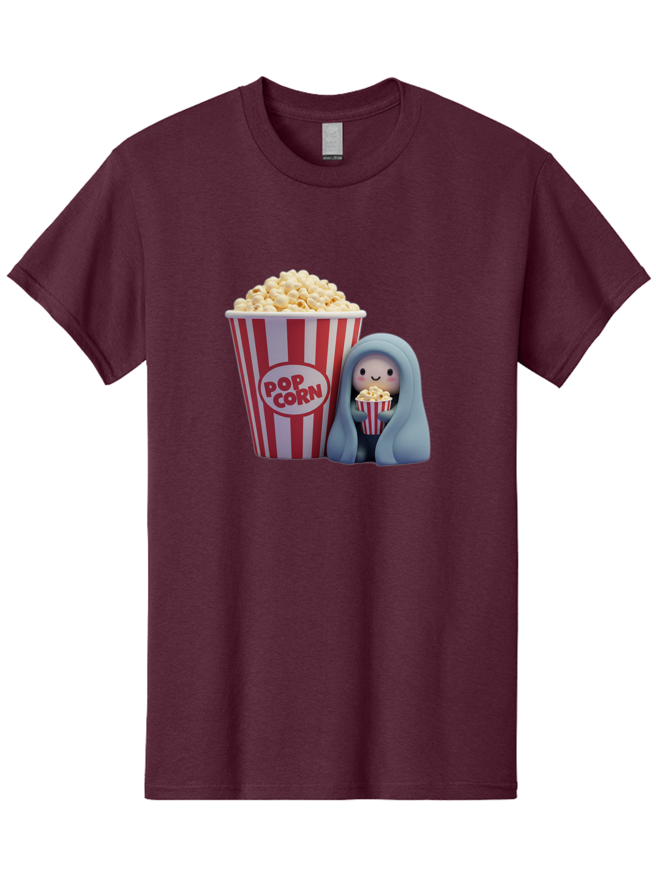 Pop-Corn Men'S Graphic Tee, 100% Cotton, Comfortable Casual Summer Wear, Machine Washable, Cartoon Character, Red And White Striped Container, Small Bucket Of Popcorn, Cute Figurine, Blue Hooded Figure, Smiling Face, Fun Snack, Playful Vibe, Bac336
